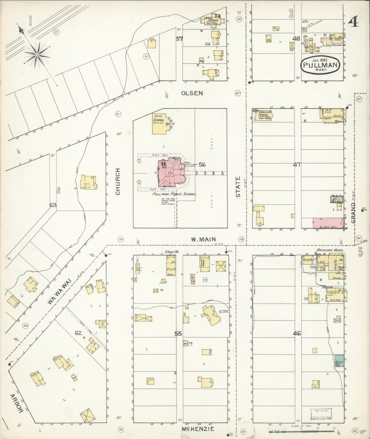 Sanborn Fire Insurance Map from Pullman, Whitman County, Washington (1893), Sheet #0004 - Historic Sanborn Fire Insurance Map Print, vintage old map wall art, antique decor, genealogy gift, Washington Washington map