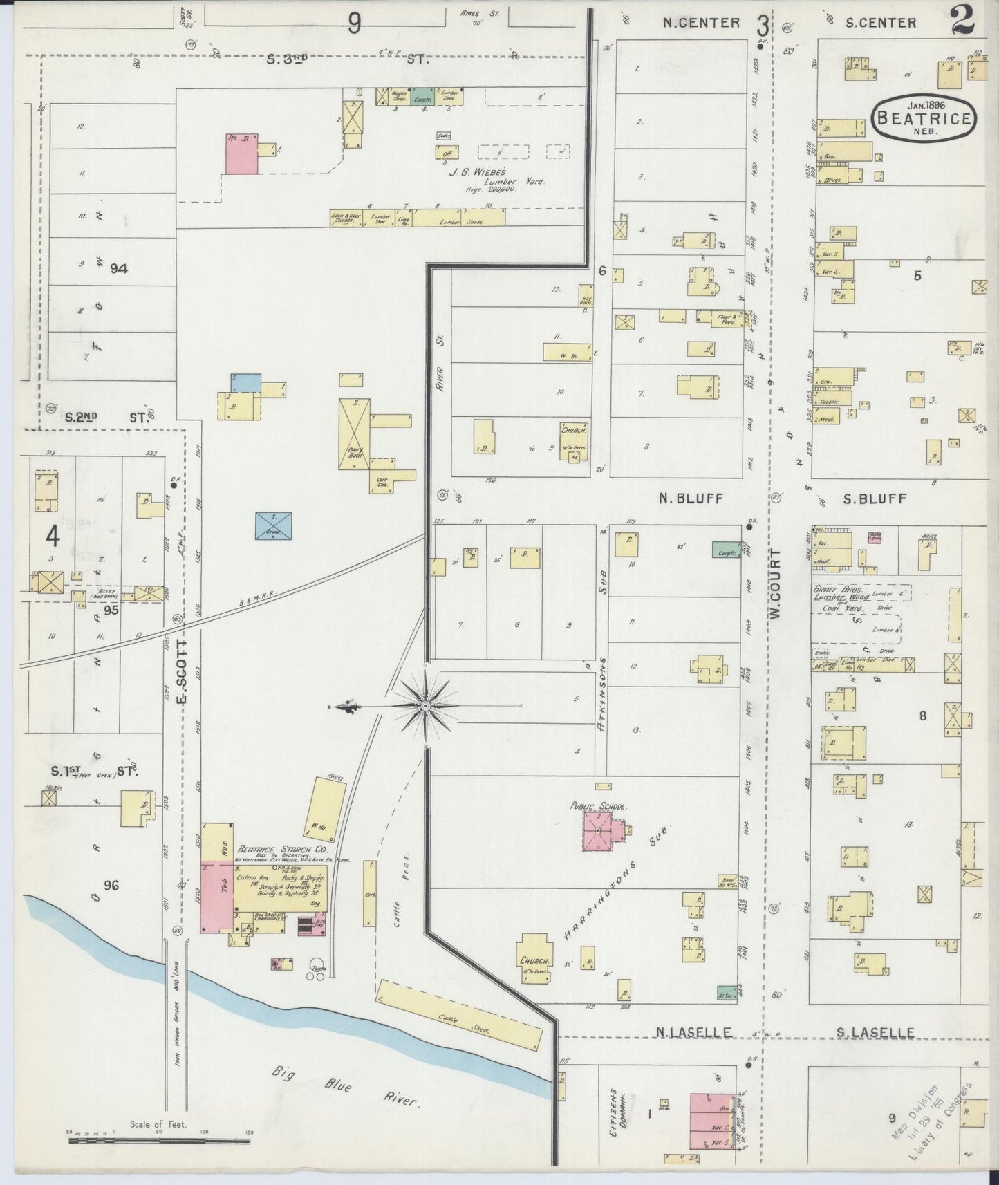 Sanborn Fire Insurance Map from Beatrice, Gage County, Nebraska (1896), Sheet #0002 - Historic Sanborn Fire Insurance Map Print, vintage old map wall art, antique decor, genealogy gift, Nebraska Nebraska map