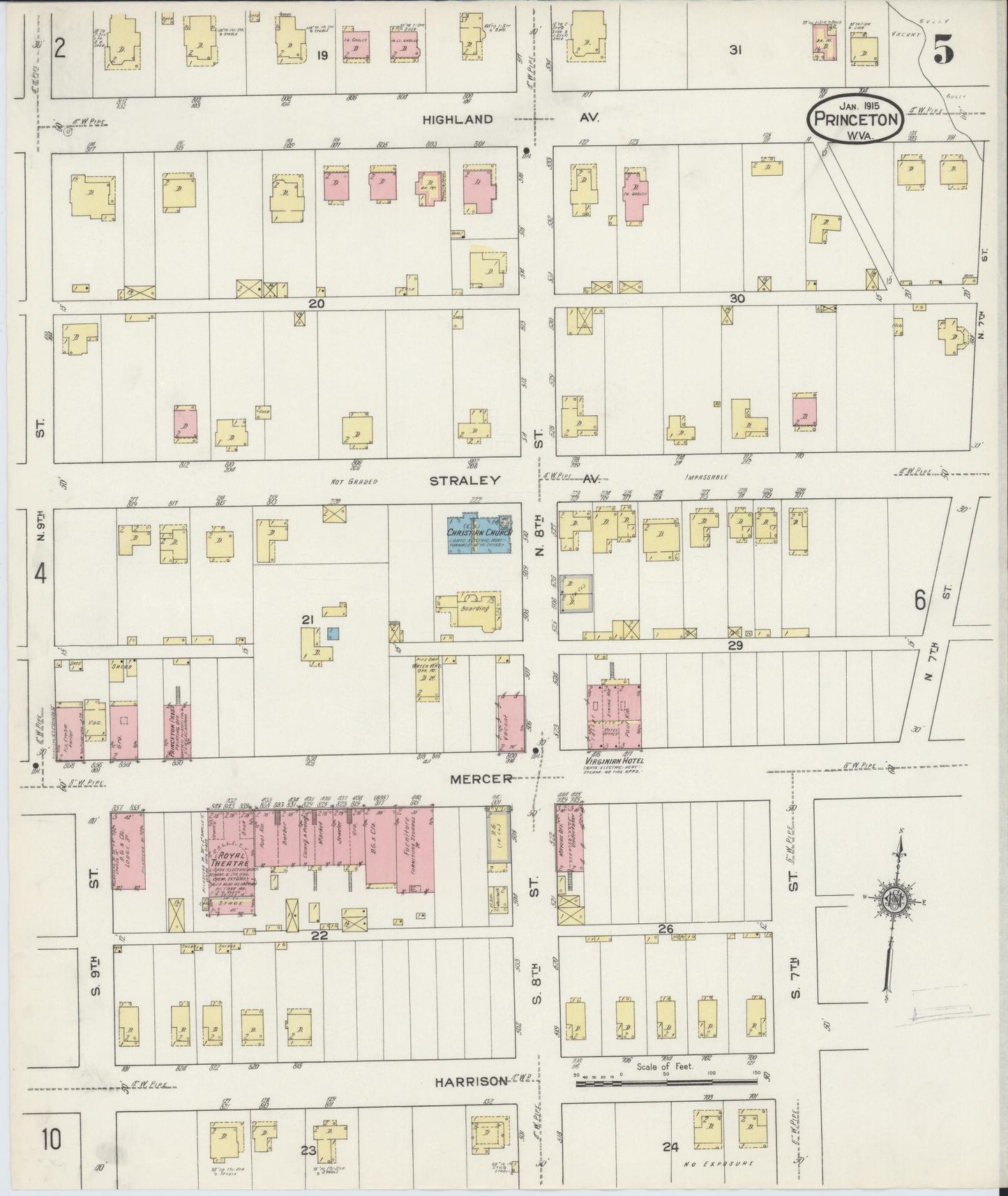 Sanborn Fire Insurance Map from Princeton, Mercer County, West Virginia (1915), Sheet #0005 - Historic Sanborn Fire Insurance Map Print, vintage old map wall art, antique decor, genealogy gift, West Virginia West Virginia map