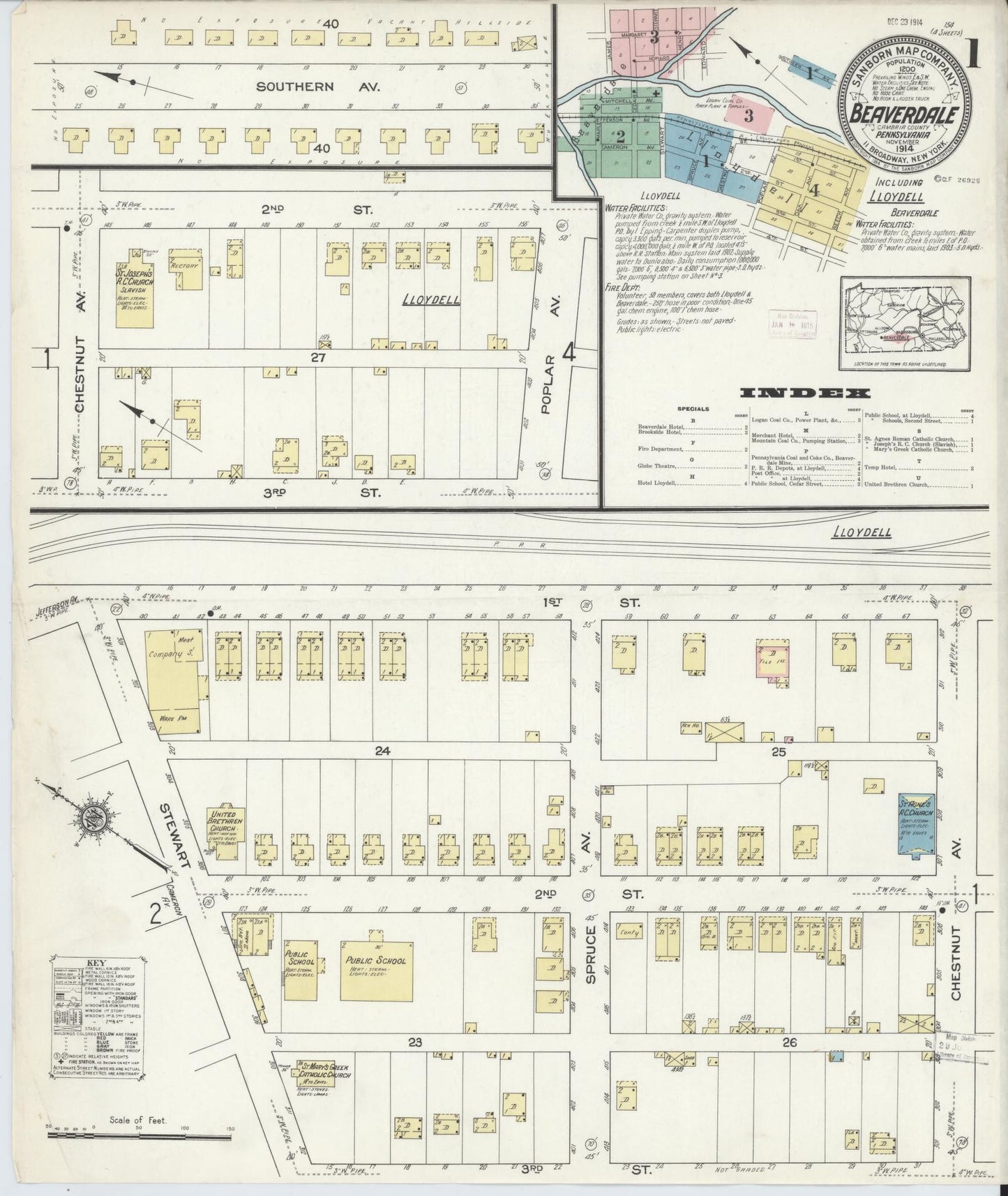 Sanborn Fire Insurance Map from Beaverdale, Cambria County, Pennsylvania (1914), Sheet #0001 - Historic Sanborn Fire Insurance Map Print, vintage old map wall art, antique decor, genealogy gift, Pennsylvania Pennsylvania map