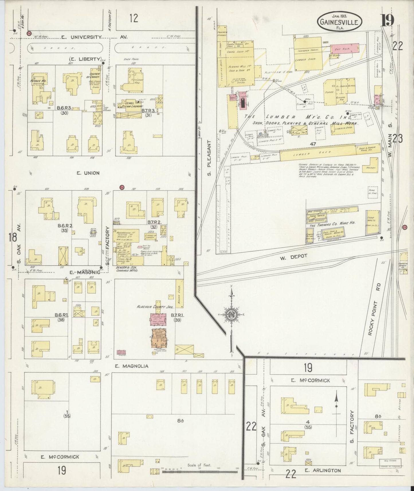 Sanborn Fire Insurance Map from Gainesville, Alachua County, Florida (1913), Sheet #0019 - Historic Sanborn Fire Insurance Map Print, vintage old map wall art, antique decor, genealogy gift, Florida Florida map