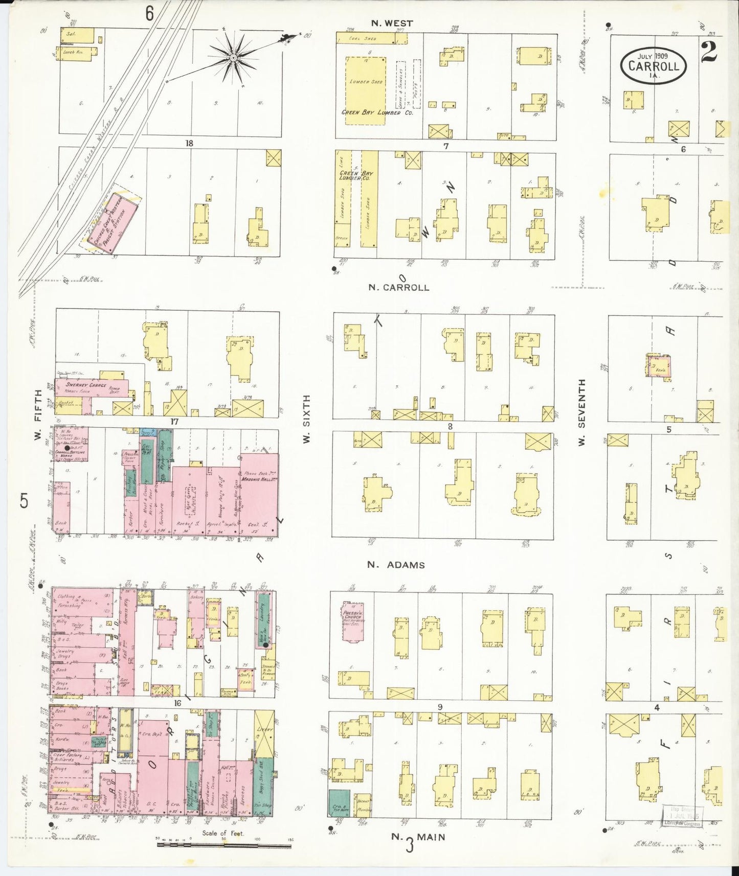 Sanborn Fire Insurance Map from Carroll, Carroll County, Iowa (1909), Sheet #0002 - Historic Sanborn Fire Insurance Map Print, vintage old map wall art