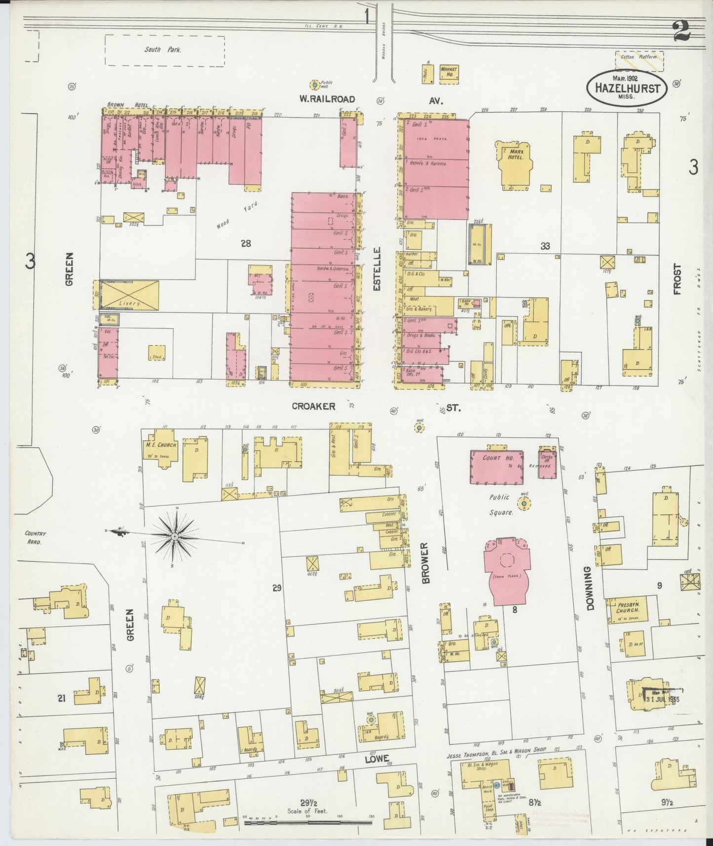 Sanborn Fire Insurance Map from Hazlehurst, Copiah County, Mississippi (1902), Sheet #0002 - Historic Sanborn Fire Insurance Map Print, vintage old map wall art, antique decor, genealogy gift, Mississippi Mississippi map