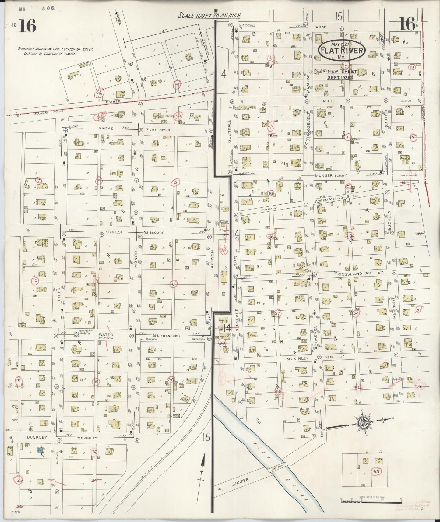 Sanborn Fire Insurance Map from Flat River, Saint Francois County, Missouri (1938), Sheet #0016 - Historic Sanborn Fire Insurance Map Print, vintage old map wall art, antique decor, genealogy gift, Missouri Missouri map