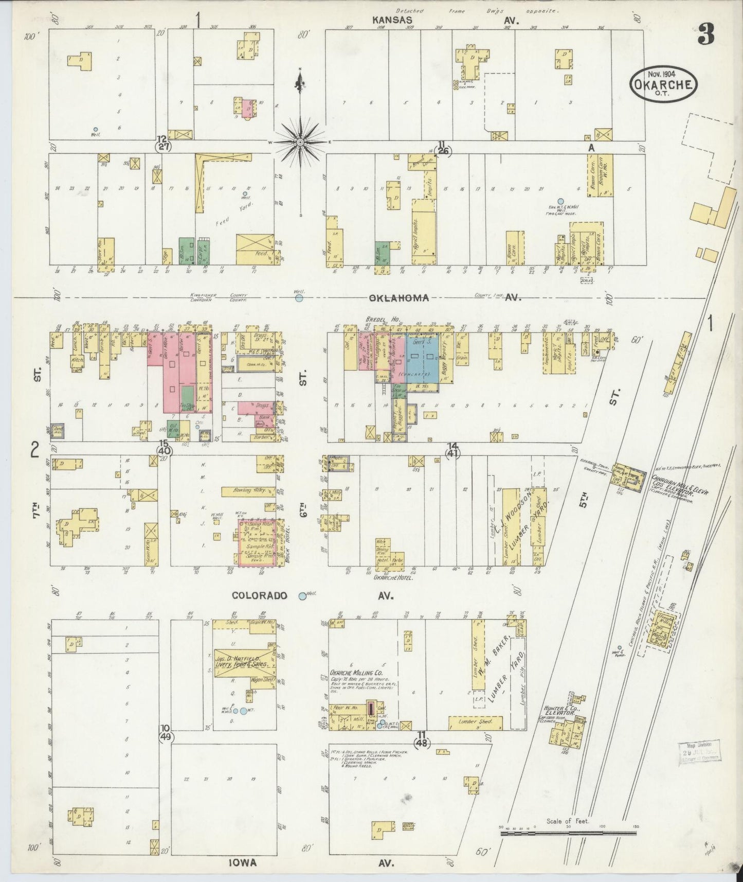 Sanborn Fire Insurance Map from Okarche, Kingfisher and Canadian Counties, Oklahoma (1904), Sheet #0003 - Historic Sanborn Fire Insurance Map Print, vintage old map wall art, antique decor, genealogy gift, Oklahoma Oklahoma map