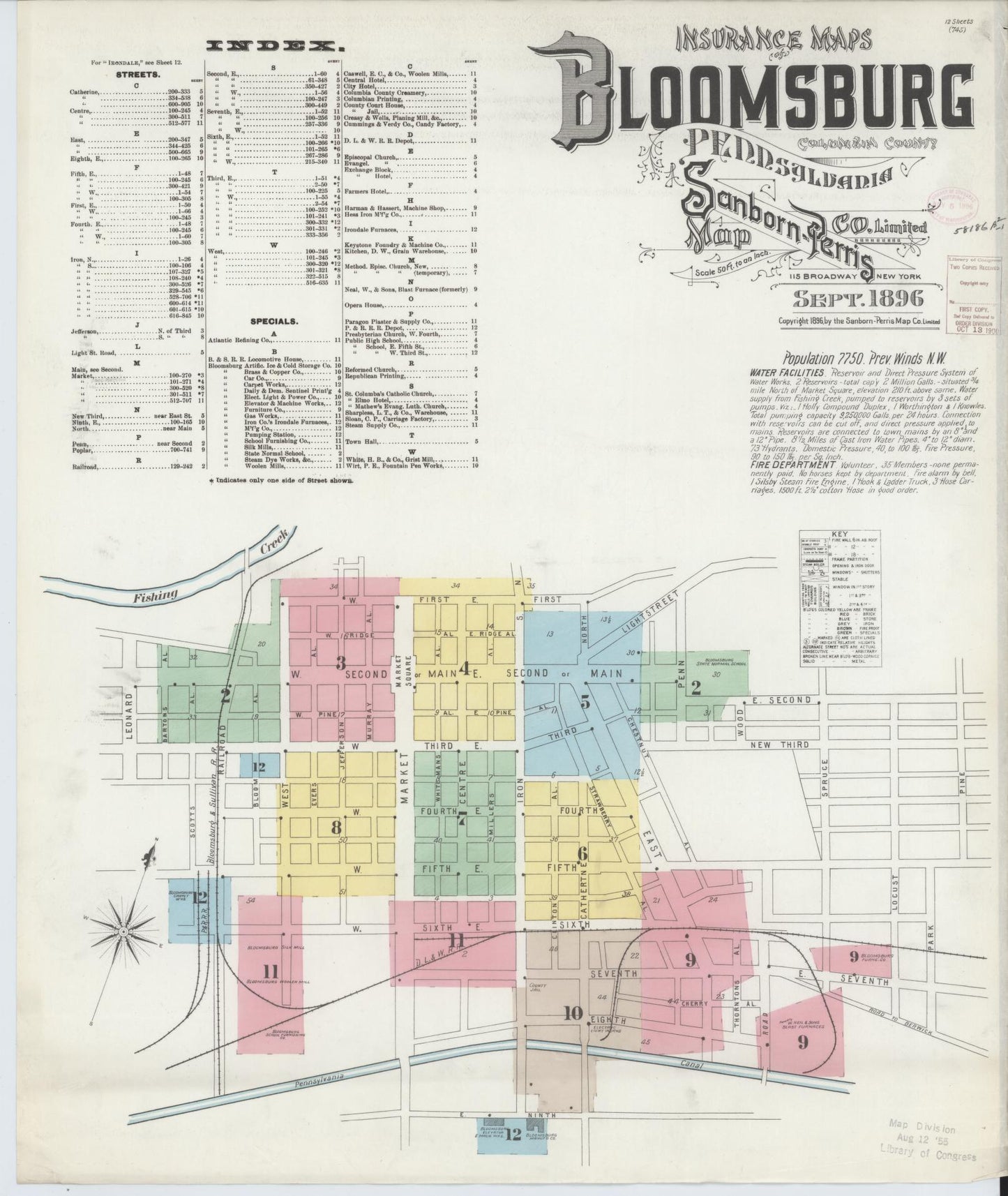 Sanborn Fire Insurance Map from Bloomsburg, Columbia County, Pennsylvania (1896), Sheet #0001 - Historic Sanborn Fire Insurance Map Print, vintage old map wall art, antique decor, genealogy gift, Pennsylvania Pennsylvania map