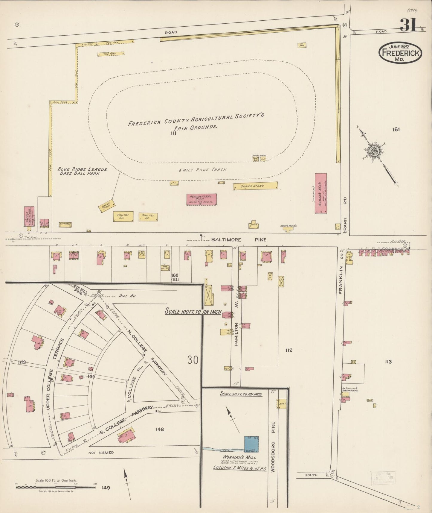 Sanborn Fire Insurance Map from Frederick, Frederick County, Maryland (1922), Sheet #0031 - Historic Sanborn Fire Insurance Map Print, vintage old map wall art