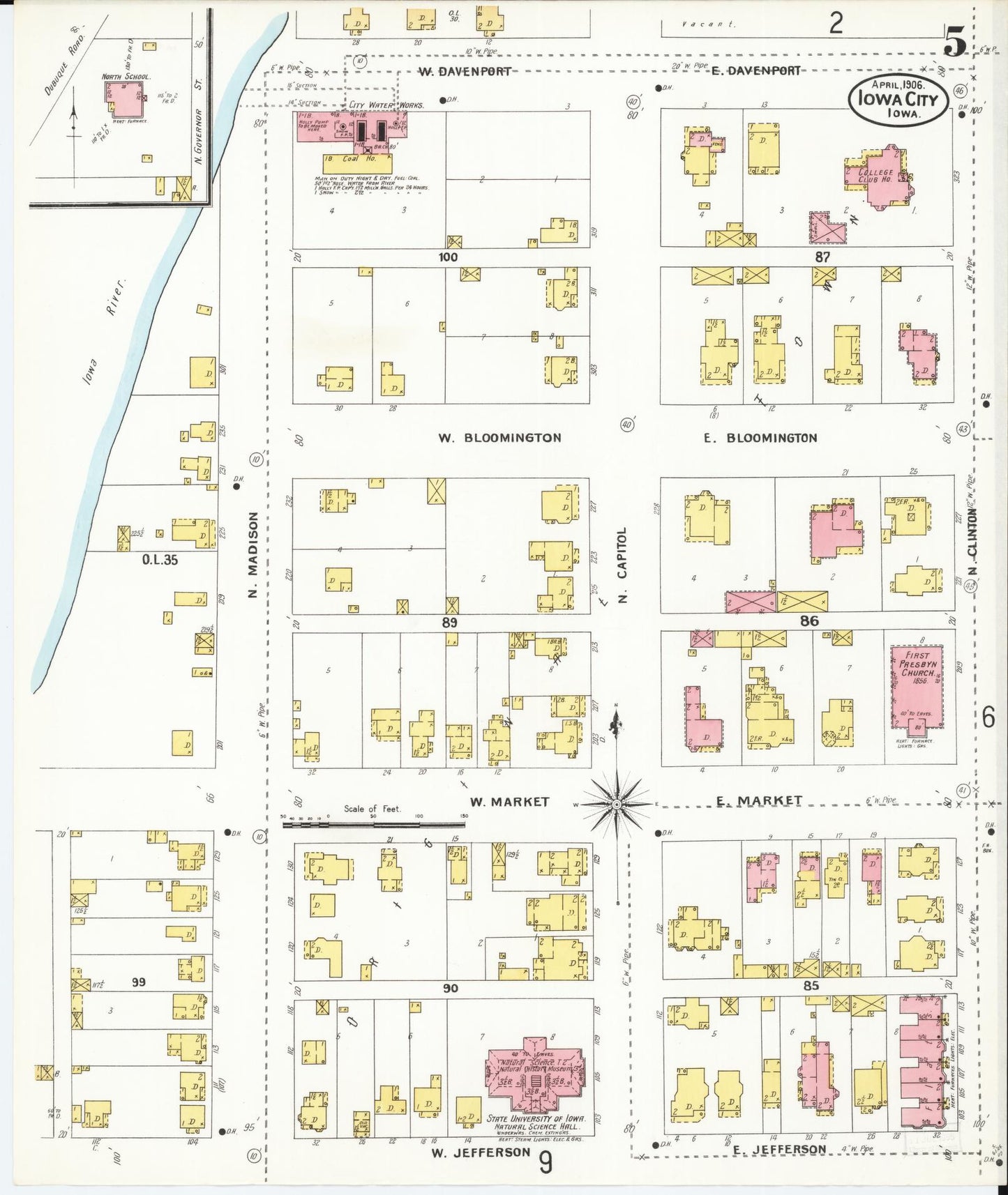 Sanborn Fire Insurance Map from Iowa City, Johnson County, Iowa (1906), Sheet #0005 - Historic Sanborn Fire Insurance Map Print, vintage old map wall art