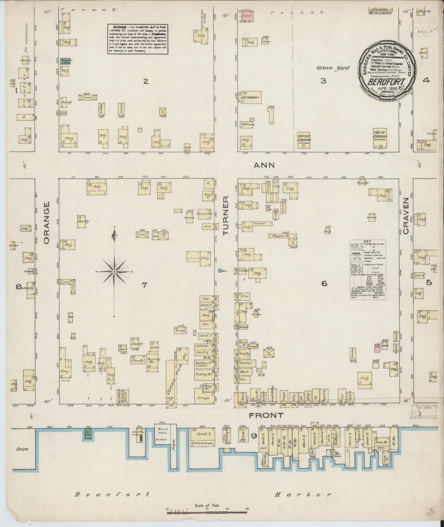 Sanborn Fire Insurance Map from Beaufort, Carteret County, North Carolina (1885), Sheet #0001 - Historic Sanborn Fire Insurance Map Print, vintage old map wall art, antique decor, genealogy gift, North Carolina North Carolina map