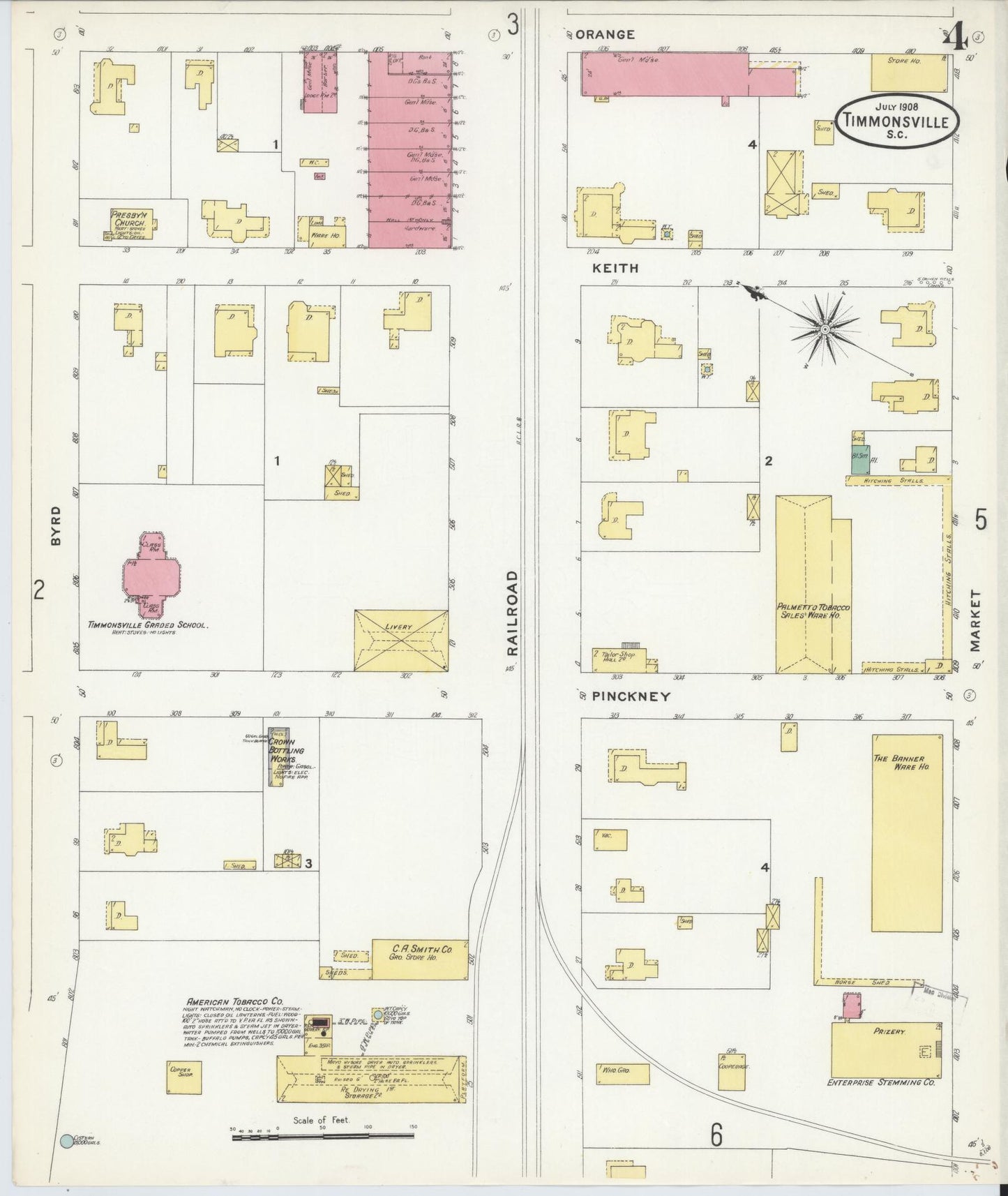 Sanborn Fire Insurance Map from Timmonsville, Florence County, South Carolina (1908), Sheet #0004 - Historic Sanborn Fire Insurance Map Print, vintage old map wall art, antique decor, genealogy gift, South Carolina South Carolina map