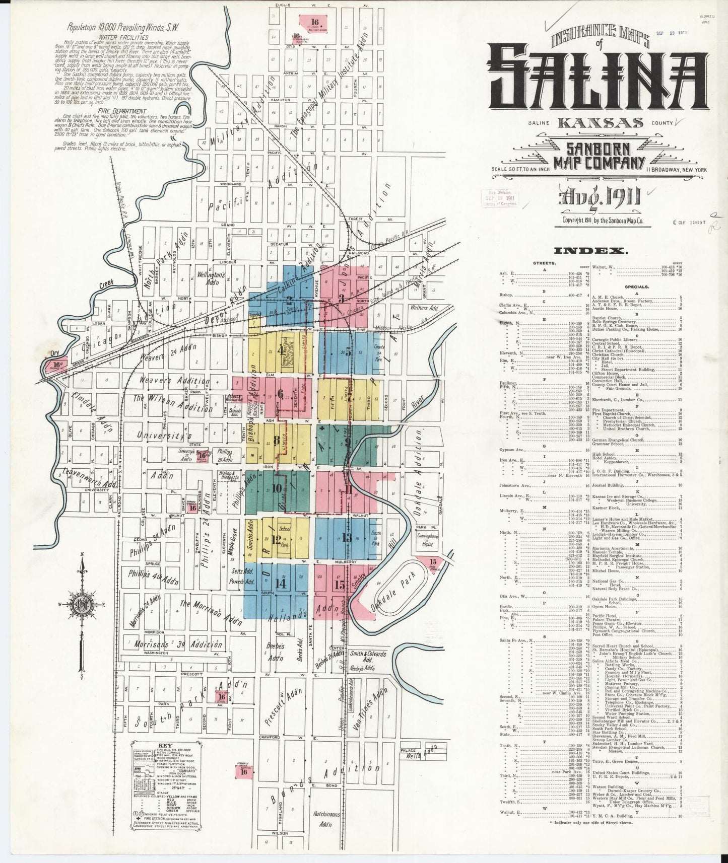 Sanborn Fire Insurance Map from Salina, Saline County, Kansas (1911), Sheet #0001 - Historic Sanborn Fire Insurance Map Print, vintage old map wall art, antique decor, genealogy gift, Kansas Kansas map