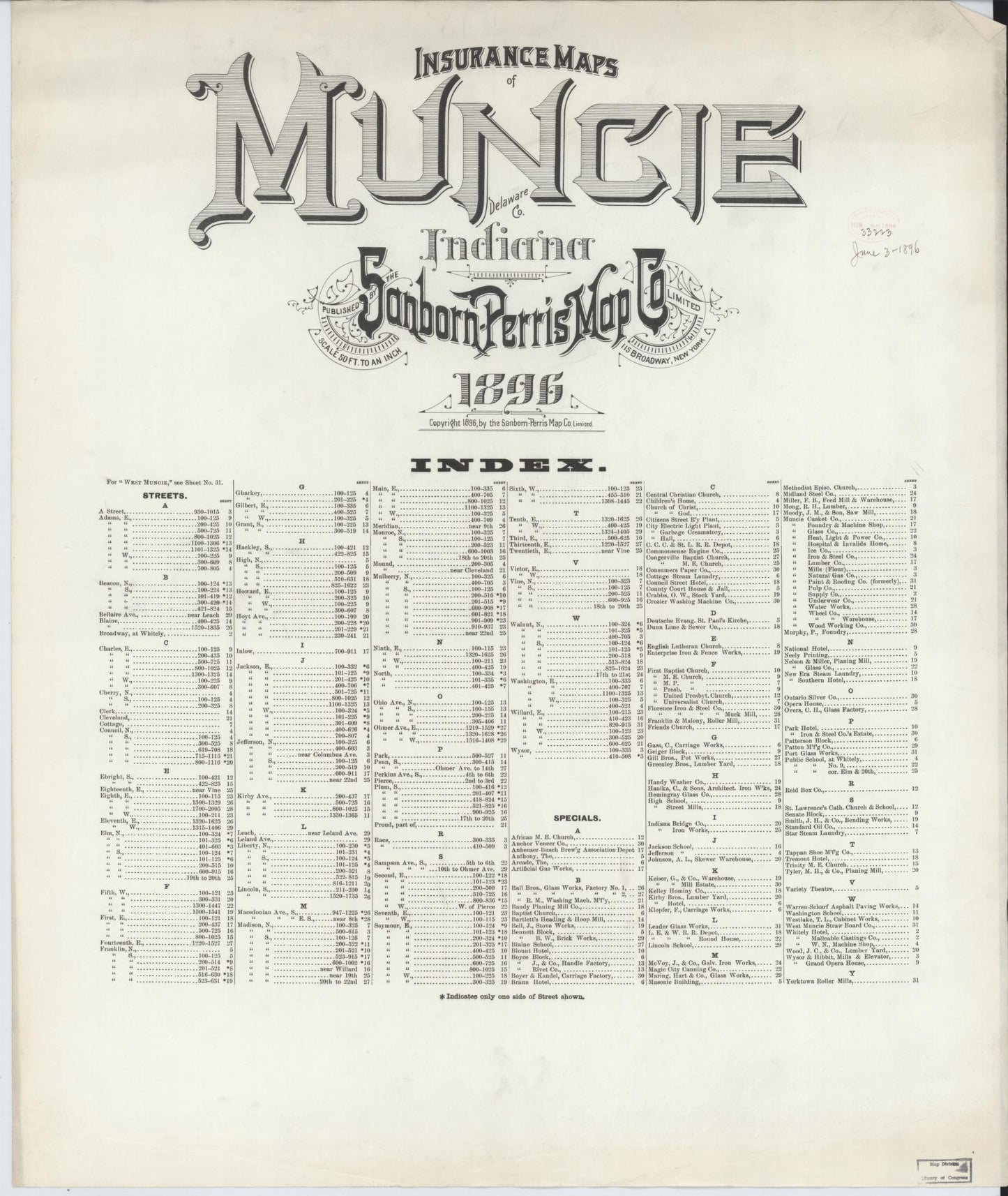 Sanborn Fire Insurance Map from Muncie, Delaware County, Indiana (1896), Sheet #0001 - Historic Sanborn Fire Insurance Map Print, vintage old map wall art, antique decor, genealogy gift, Muncie Delaware map