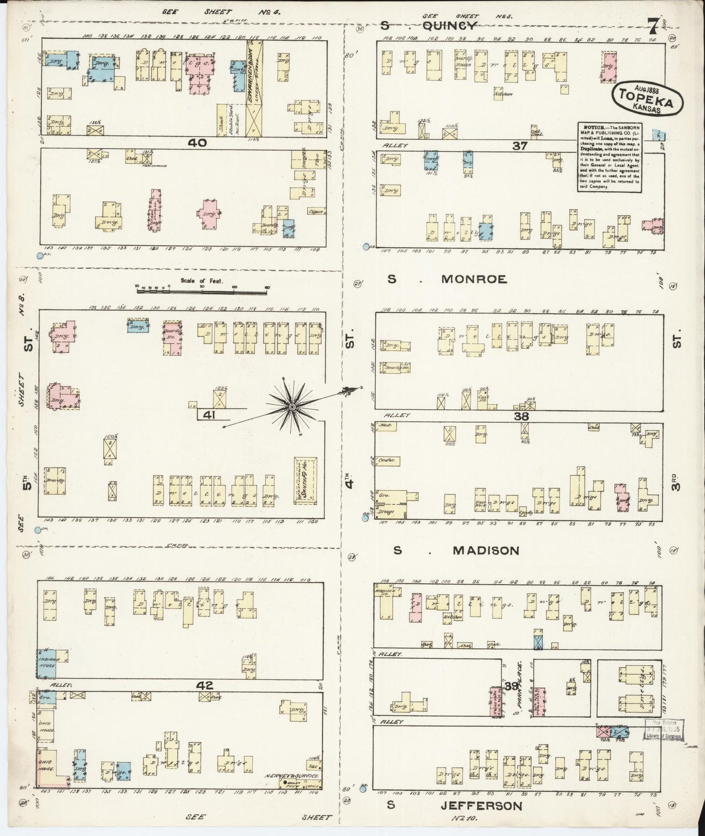 Sanborn Fire Insurance Map from Topeka, Shawnee County, Kansas (1883), Sheet #0007 - Historic Sanborn Fire Insurance Map Print, vintage old map wall art, antique decor, genealogy gift, Kansas Kansas map