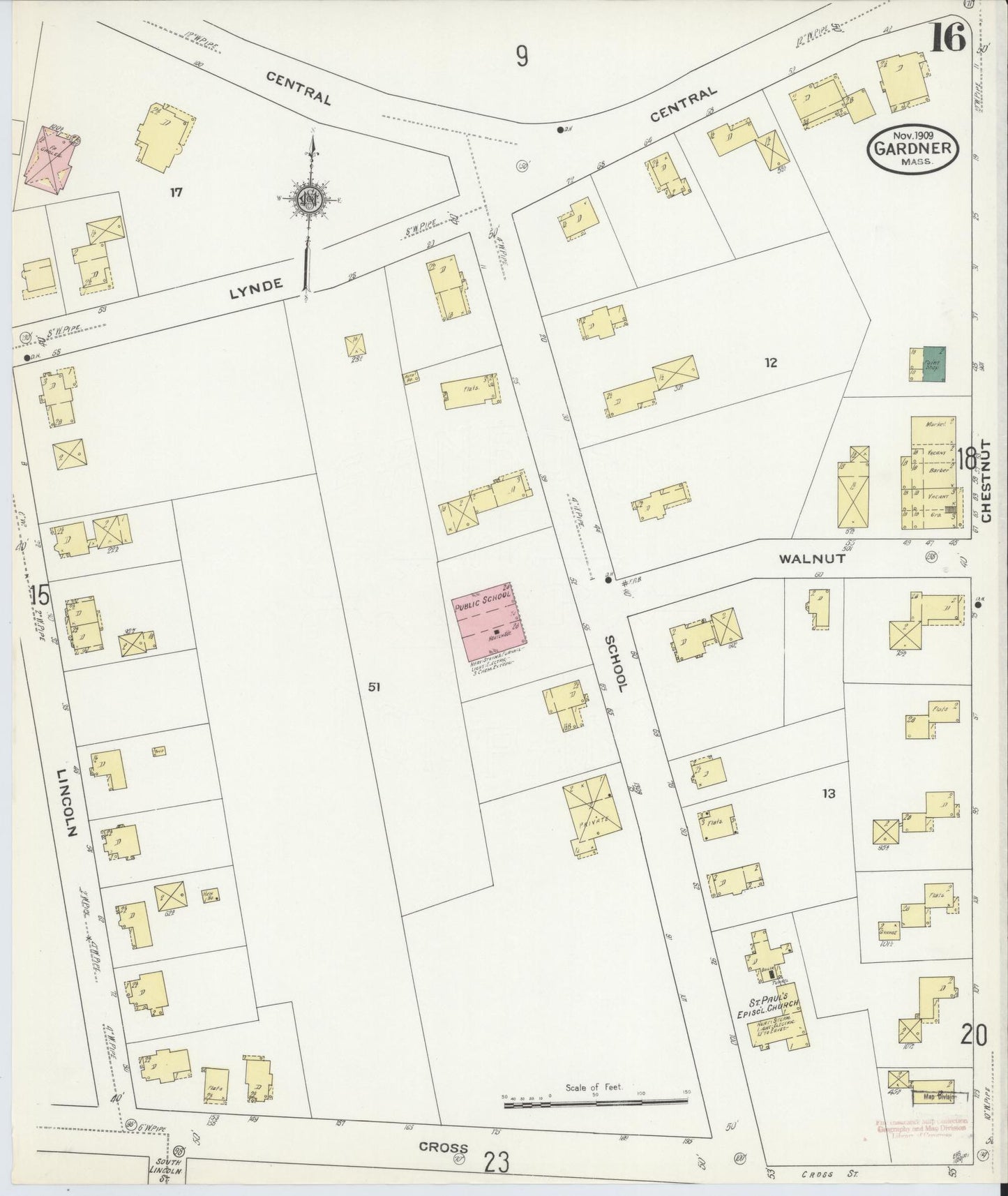 Sanborn Fire Insurance Map from Gardner, Worcester County, Massachusetts (1909), Sheet #0016 - Historic Sanborn Fire Insurance Map Print, vintage old map wall art, antique decor, genealogy gift, Massachusetts Massachusetts map