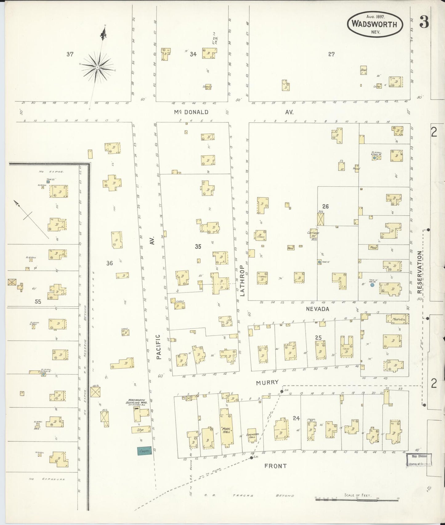 Sanborn Fire Insurance Map from Wadsworth, Washoe County, Nevada (1897), Sheet #0003 - Complete Map Set gallery image, historic Sanborn map, vintage wall art, Nevada Nevada