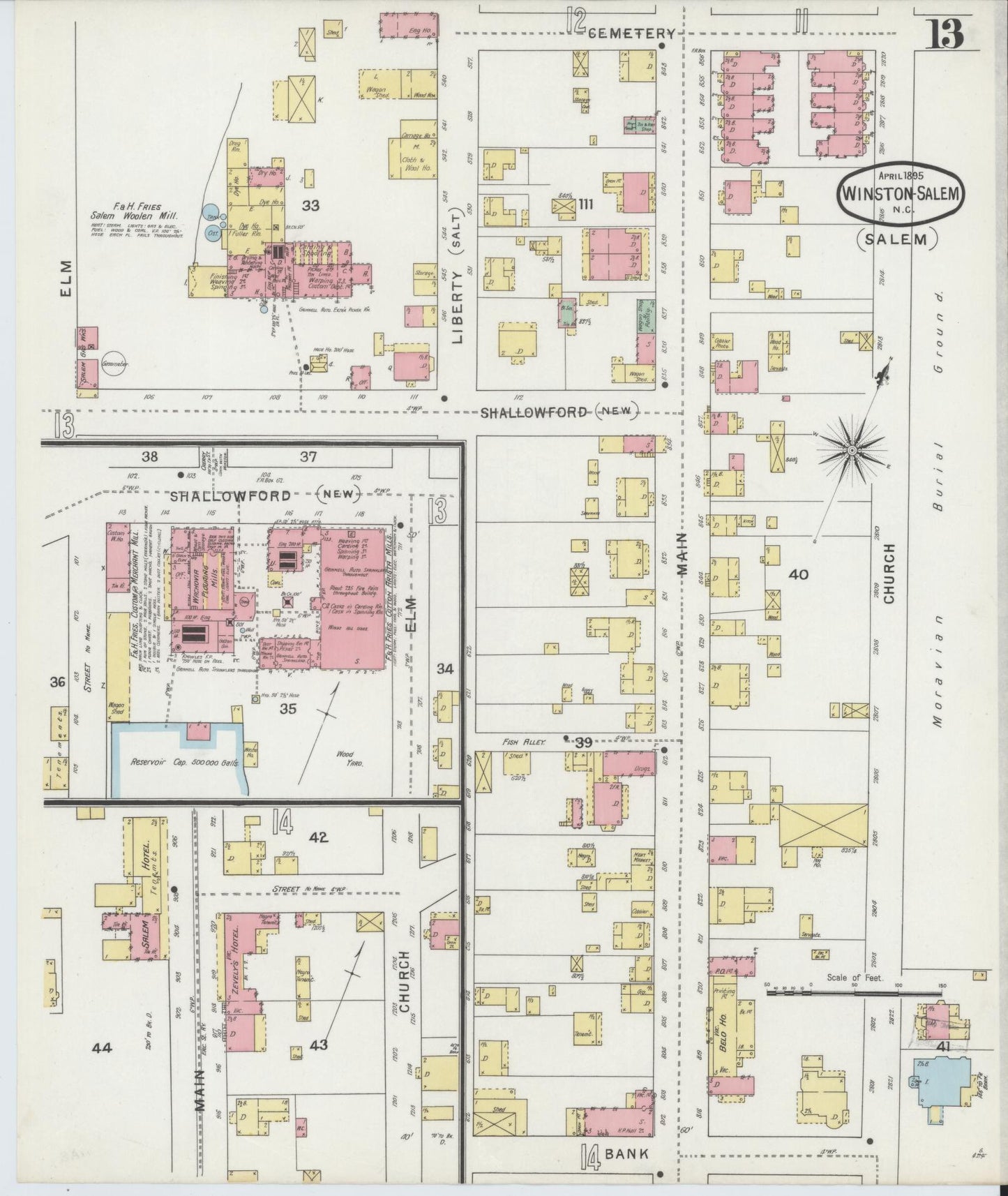 Sanborn Fire Insurance Map from Winston-Salem, Forsyth County, North Carolina (1895), Sheet #0013 - Historic Sanborn Fire Insurance Map Print, vintage old map wall art, antique decor, genealogy gift, North Carolina North Carolina map