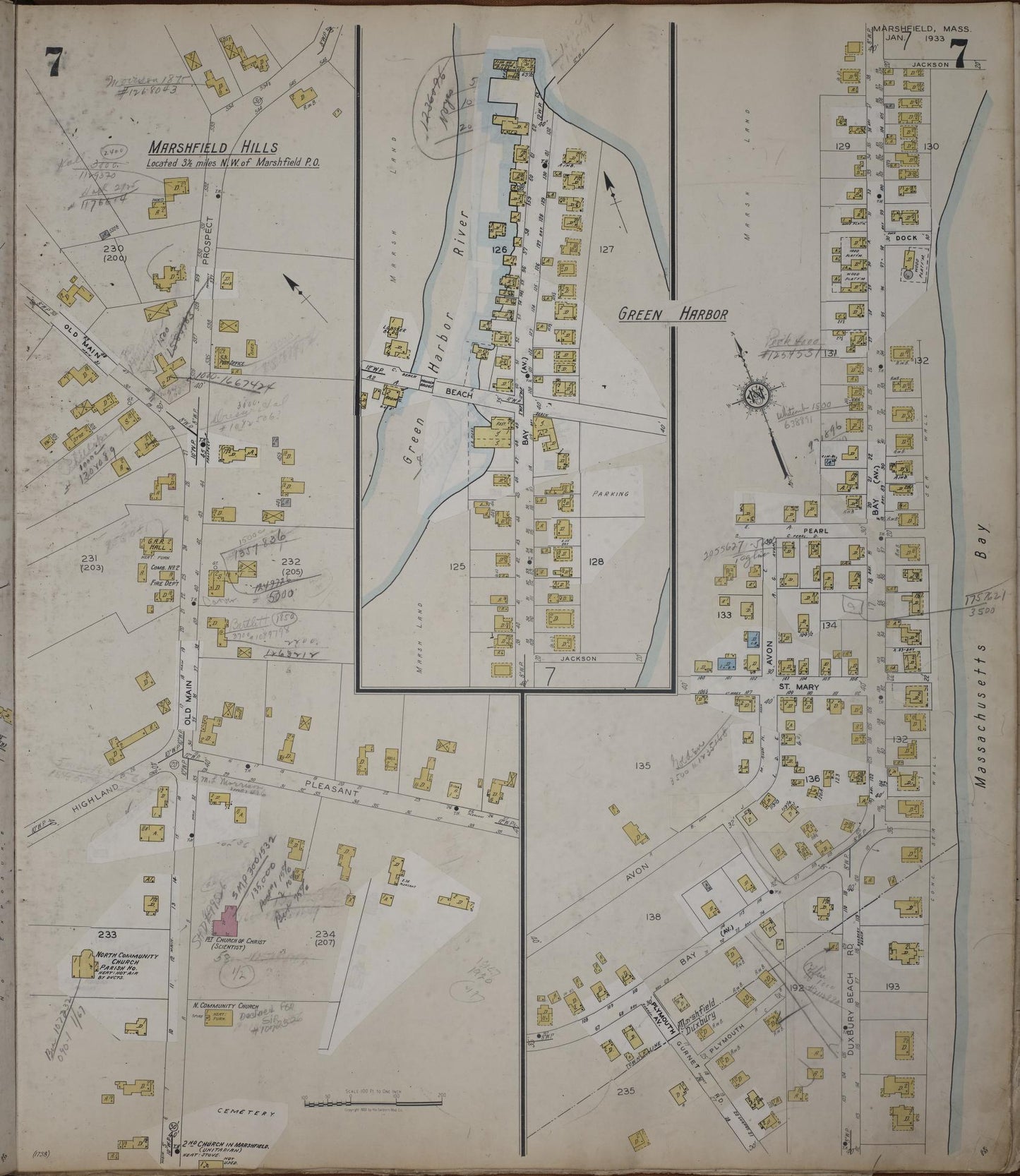 Sanborn Fire Insurance Map from Marshfield, Plymouth County, Massachusetts (1950), Sheet #0007 - Historic Sanborn Fire Insurance Map Print, vintage old map wall art, antique decor, genealogy gift, Massachusetts Massachusetts map