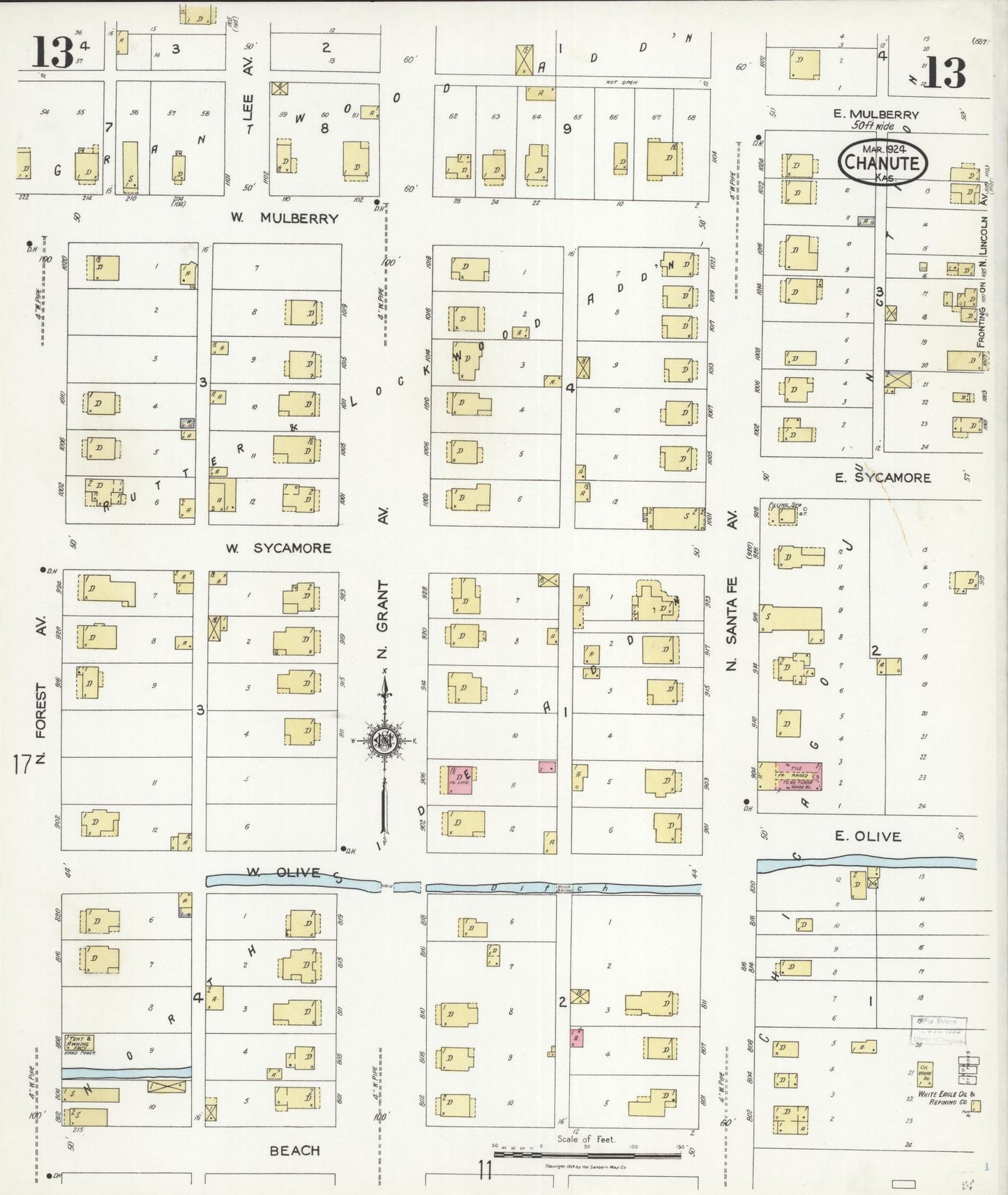 Sanborn Fire Insurance Map from Chanute, Neosho County, Kansas (1924), Sheet #0013 - Historic Sanborn Fire Insurance Map Print, vintage old map wall art, antique decor, genealogy gift, Kansas Kansas map