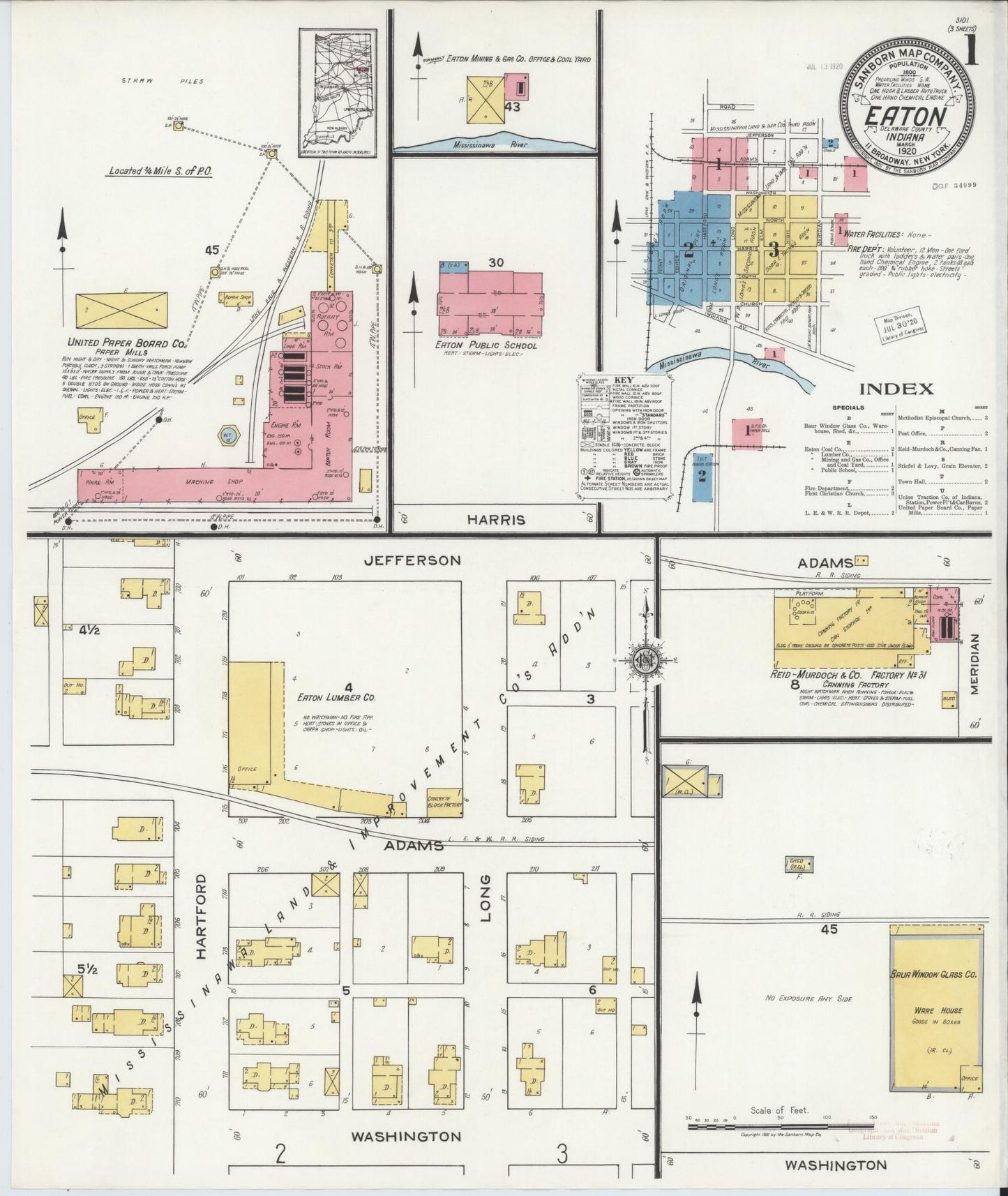 Sanborn Fire Insurance Map from Eaton, Delaware County, Indiana (1920), Sheet #0001 - Historic Sanborn Fire Insurance Map Print, vintage old map wall art, antique decor, genealogy gift, Eaton Delaware map