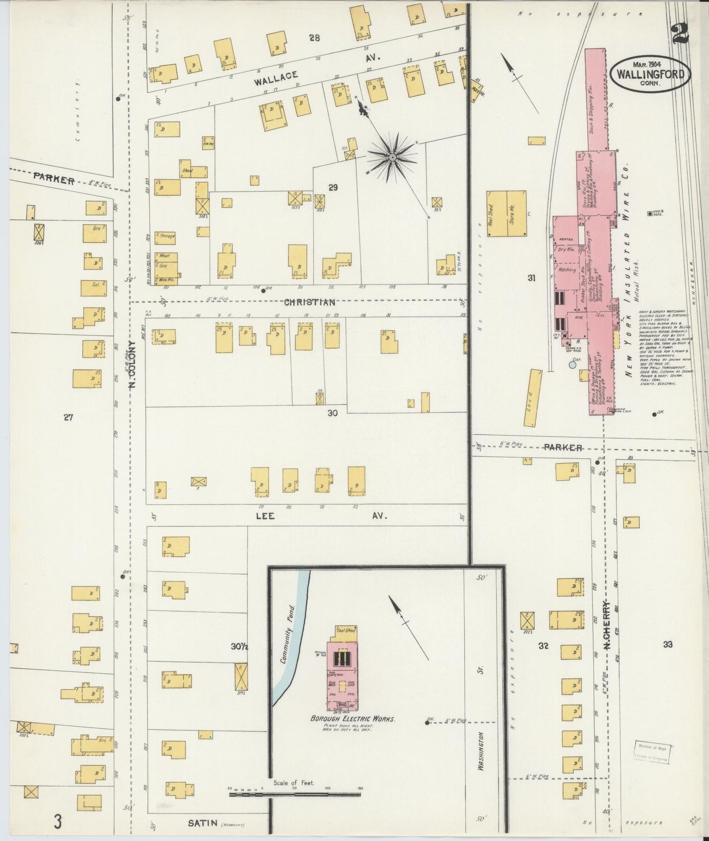 Sanborn Fire Insurance Map from Wallingford, New Haven County, Connecticut (1904), Sheet #0002 - Historic Sanborn Fire Insurance Map Print, vintage old map wall art, antique decor, genealogy gift, Connecticut Connecticut map