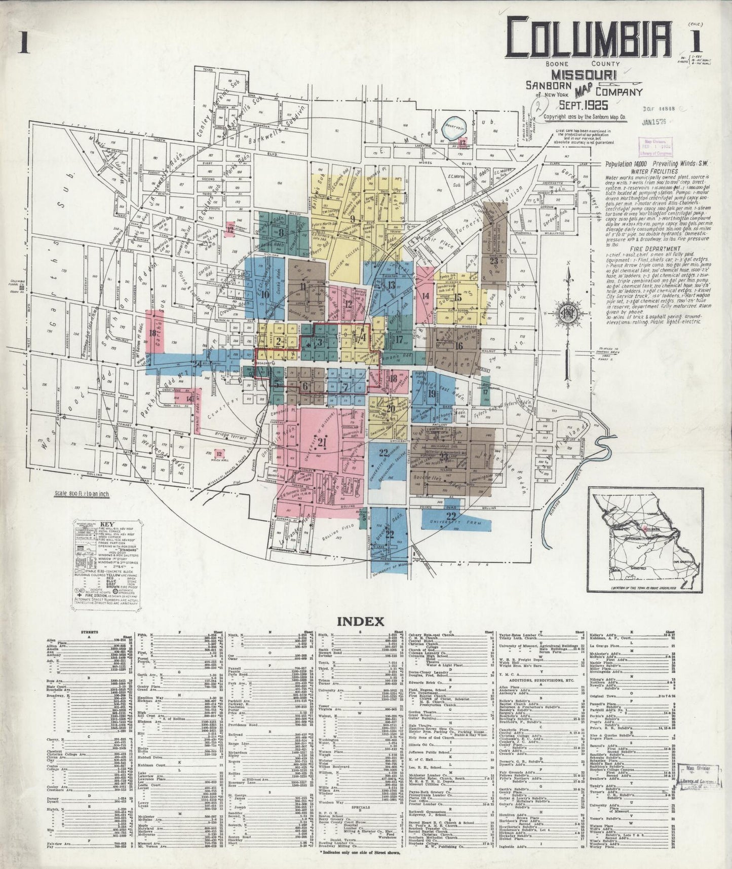 Sanborn Fire Insurance Map from Columbia, Boone County, Missouri (1925), Sheet #0001 - Historic Sanborn Fire Insurance Map Print, vintage old map wall art, antique decor, genealogy gift, Missouri Missouri map