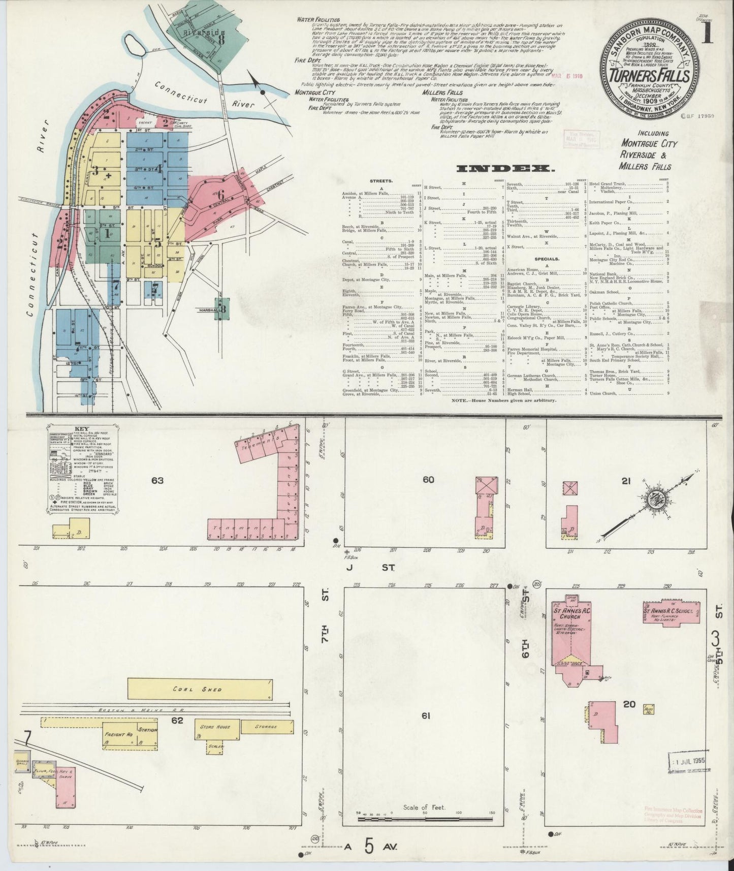 Sanborn Fire Insurance Map from Turners Falls, Franklin County, Massachusetts (1909), Sheet #0001 - Historic Sanborn Fire Insurance Map Print, vintage old map wall art, antique decor, genealogy gift, Massachusetts Massachusetts map