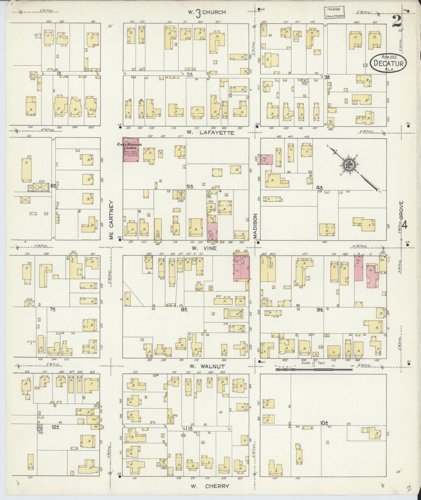 Sanborn Fire Insurance Map from Decatur, Morgan County, Alabama (1913), Sheet #0002 - Historic Sanborn Fire Insurance Map Print, vintage old map wall art, antique decor, genealogy gift, Alabama Alabama map