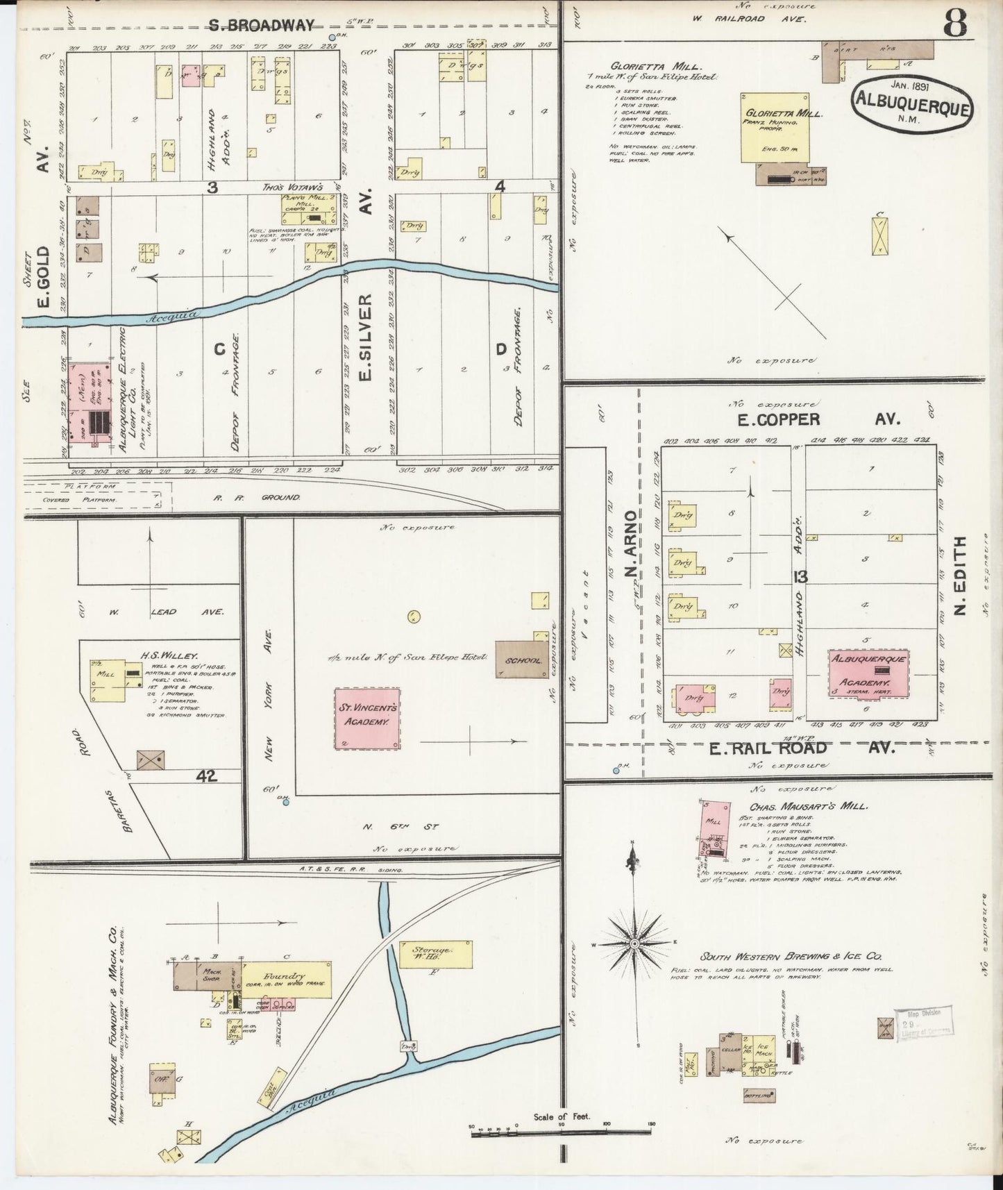 Sanborn Fire Insurance Map from Albuquerque, Bernalillo County, New Mexico (1891), Sheet #0008 - Historic Sanborn Fire Insurance Map Print, vintage old map wall art, antique decor, genealogy gift, New Mexico New Mexico map