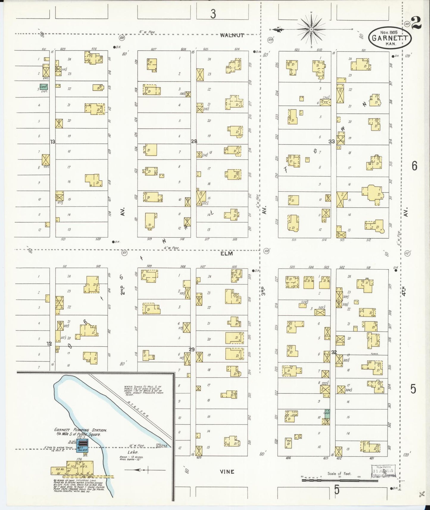 Sanborn Fire Insurance Map from Garnett, Anderson County, Kansas (1905), Sheet #0002 - Historic Sanborn Fire Insurance Map Print, vintage old map wall art, antique decor, genealogy gift, Kansas Kansas map