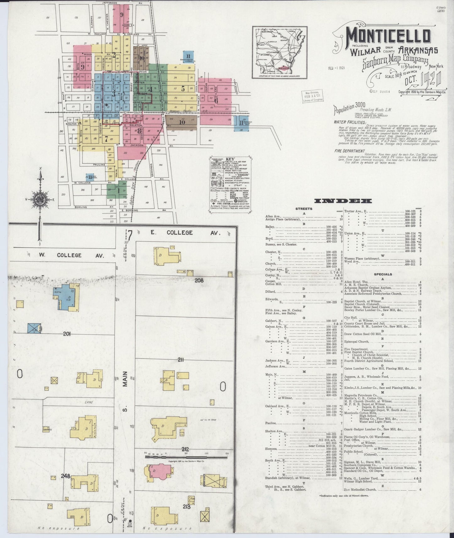 Sanborn Fire Insurance Map from Monticello, Drew County, Arkansas (1920), Sheet #0001 - Historic Sanborn Fire Insurance Map Print, vintage old map wall art, antique decor, genealogy gift, Arkansas Arkansas map