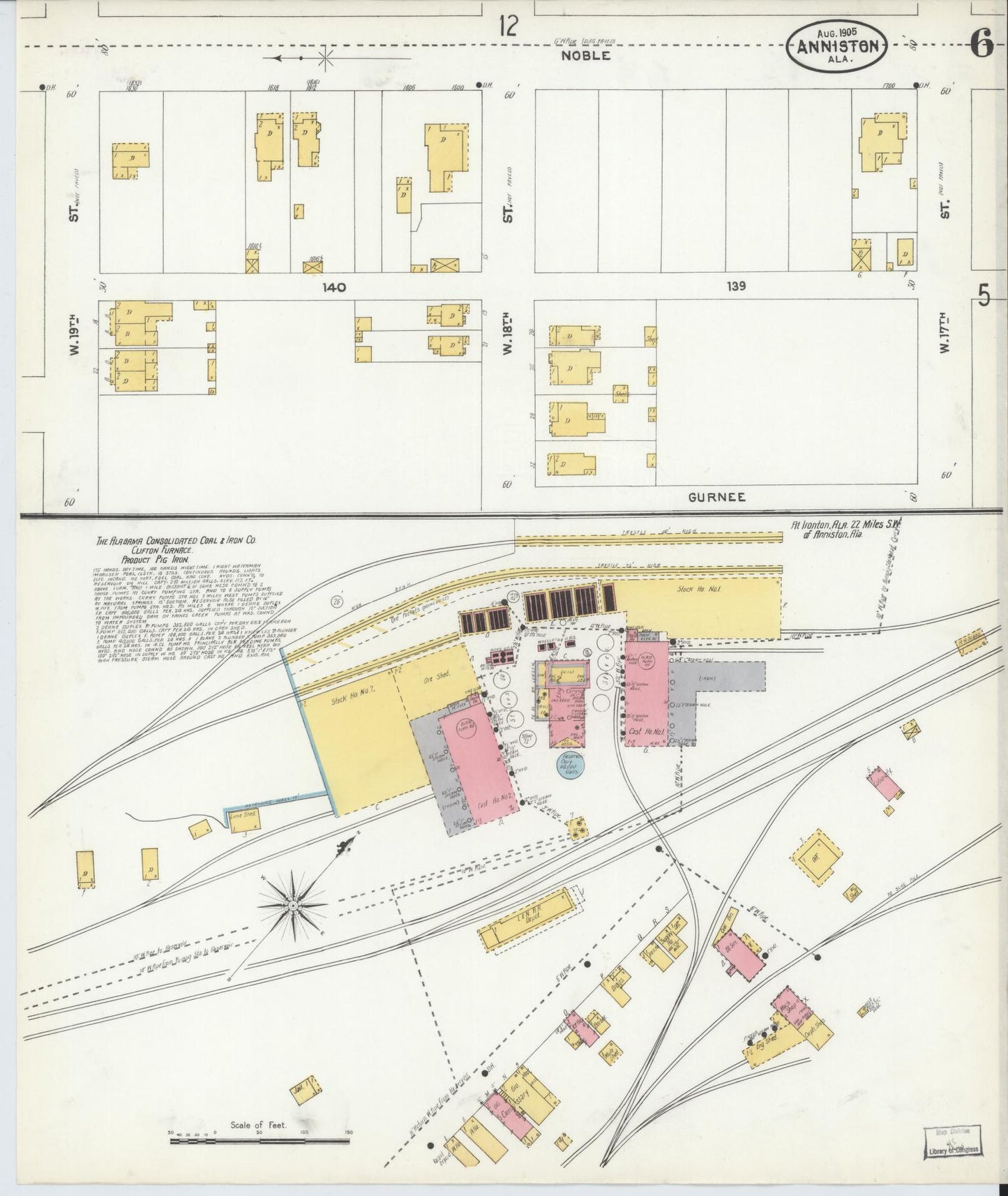 Sanborn Fire Insurance Map from Anniston, Calhoun County, Alabama (1905), Sheet #0006 - Historic Sanborn Fire Insurance Map Print, vintage old map wall art, antique decor, genealogy gift, Alabama Alabama map