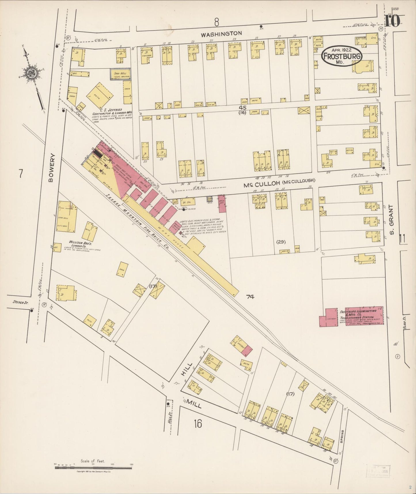 Sanborn Fire Insurance Map from Frostburg, Allegany County, Maryland (1922), Sheet #0010 - Historic Sanborn Fire Insurance Map Print, vintage old map wall art