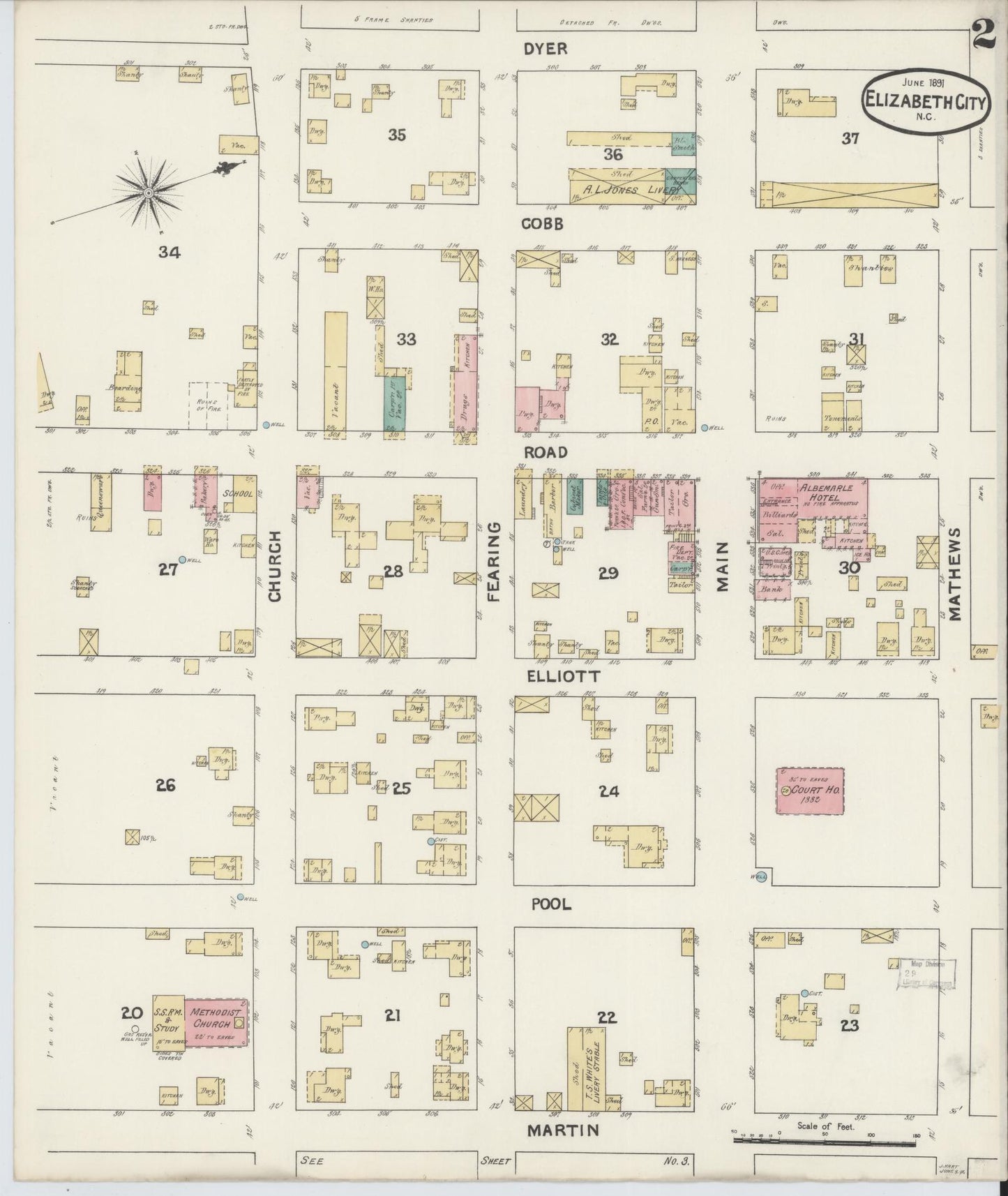 Sanborn Fire Insurance Map from Elizabeth City, Pasquotank County, North Carolina (1891), Sheet #0002 - Historic Sanborn Fire Insurance Map Print, vintage old map wall art, antique decor, genealogy gift, North Carolina North Carolina map