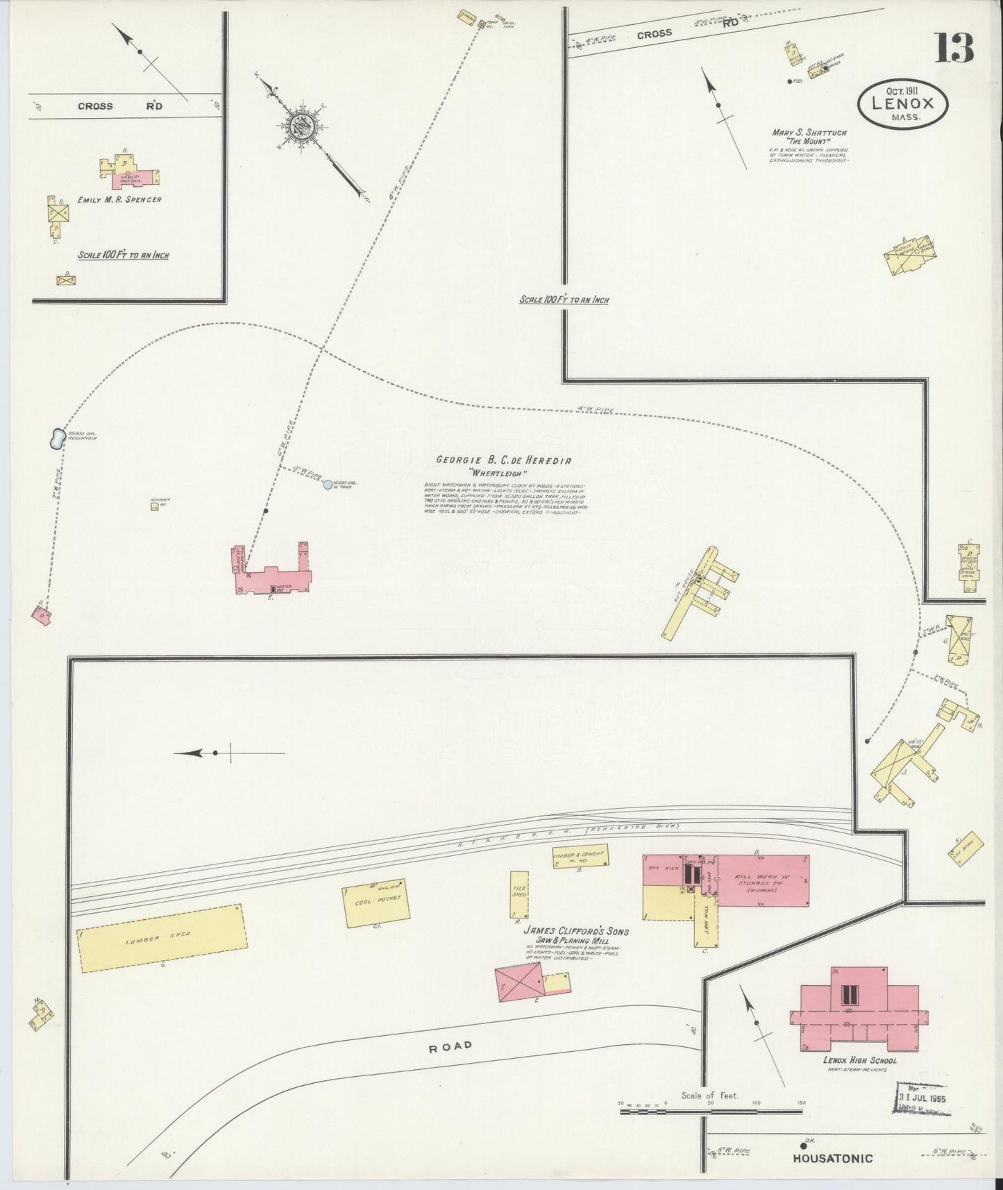 Sanborn Fire Insurance Map from Lenox, Berkshire County, Massachusetts (1911), Sheet #0013 - Historic Sanborn Fire Insurance Map Print, vintage old map wall art, antique decor, genealogy gift, Massachusetts Massachusetts map