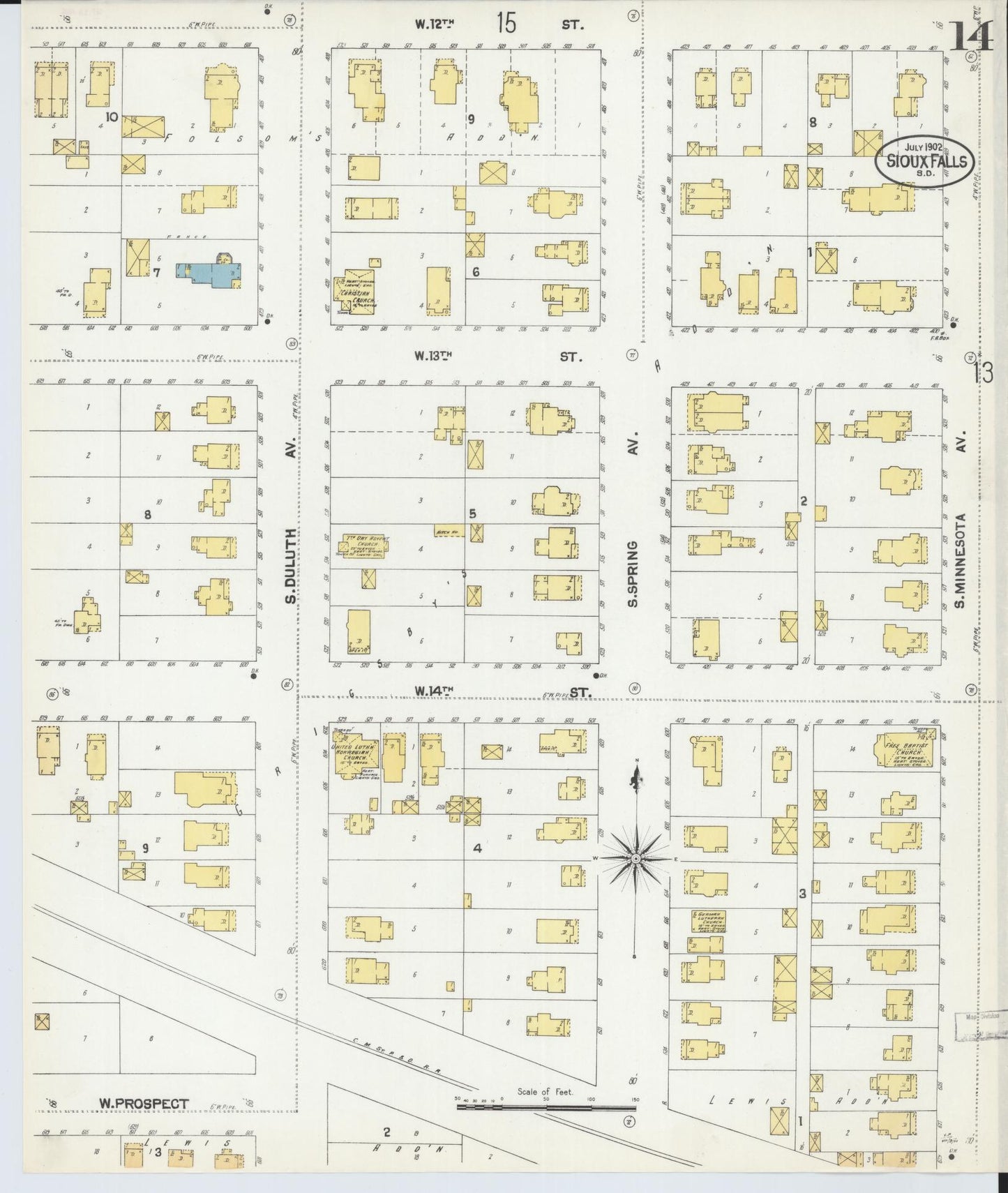 Sanborn Fire Insurance Map from Sioux Falls, Minnehaha County, South Dakota (1902), Sheet #0014 - Historic Sanborn Fire Insurance Map Print, vintage old map wall art, antique decor, genealogy gift, South Dakota South Dakota map