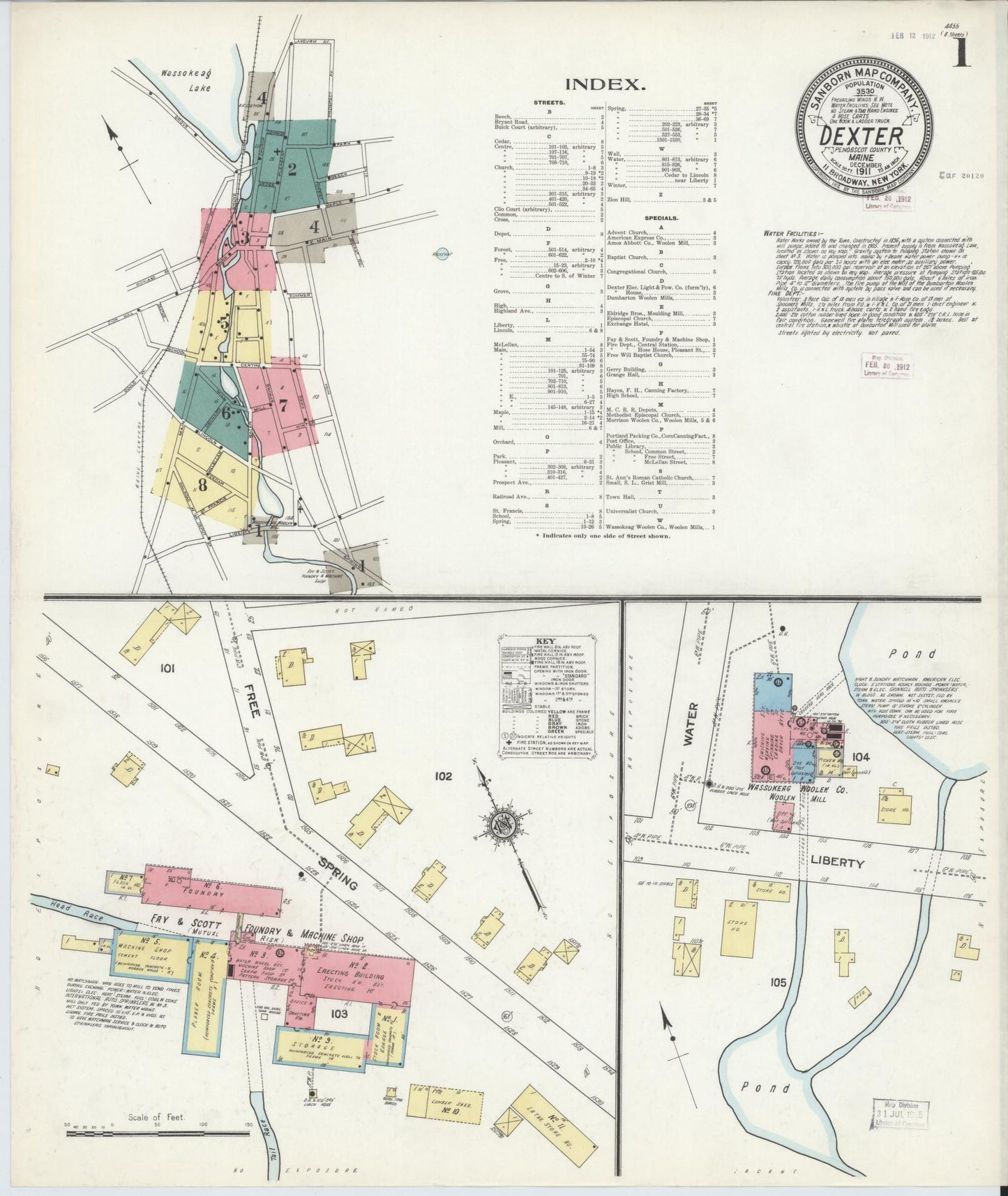 Sanborn Fire Insurance Map from Dexter, Penobscot County, Maine (1911), Sheet #0001 - Historic Sanborn Fire Insurance Map Print, vintage old map wall art, antique decor, genealogy gift, Maine Maine map