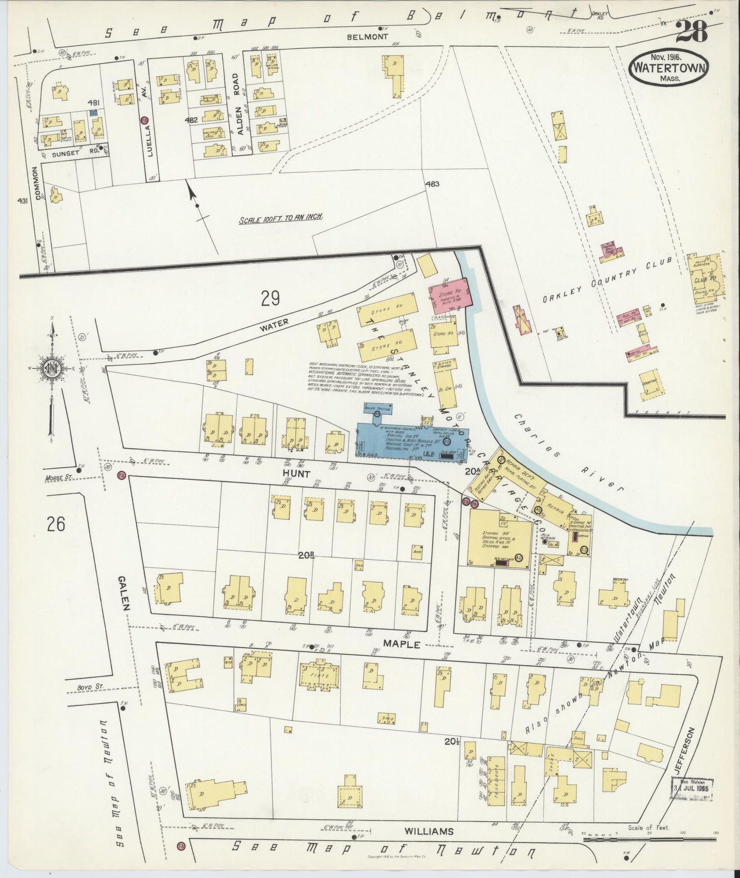 Sanborn Fire Insurance Map from Watertown, Middlesex County, Massachusetts (1916), Sheet #0028 - Historic Sanborn Fire Insurance Map Print, vintage old map wall art, antique decor, genealogy gift, Massachusetts Massachusetts map