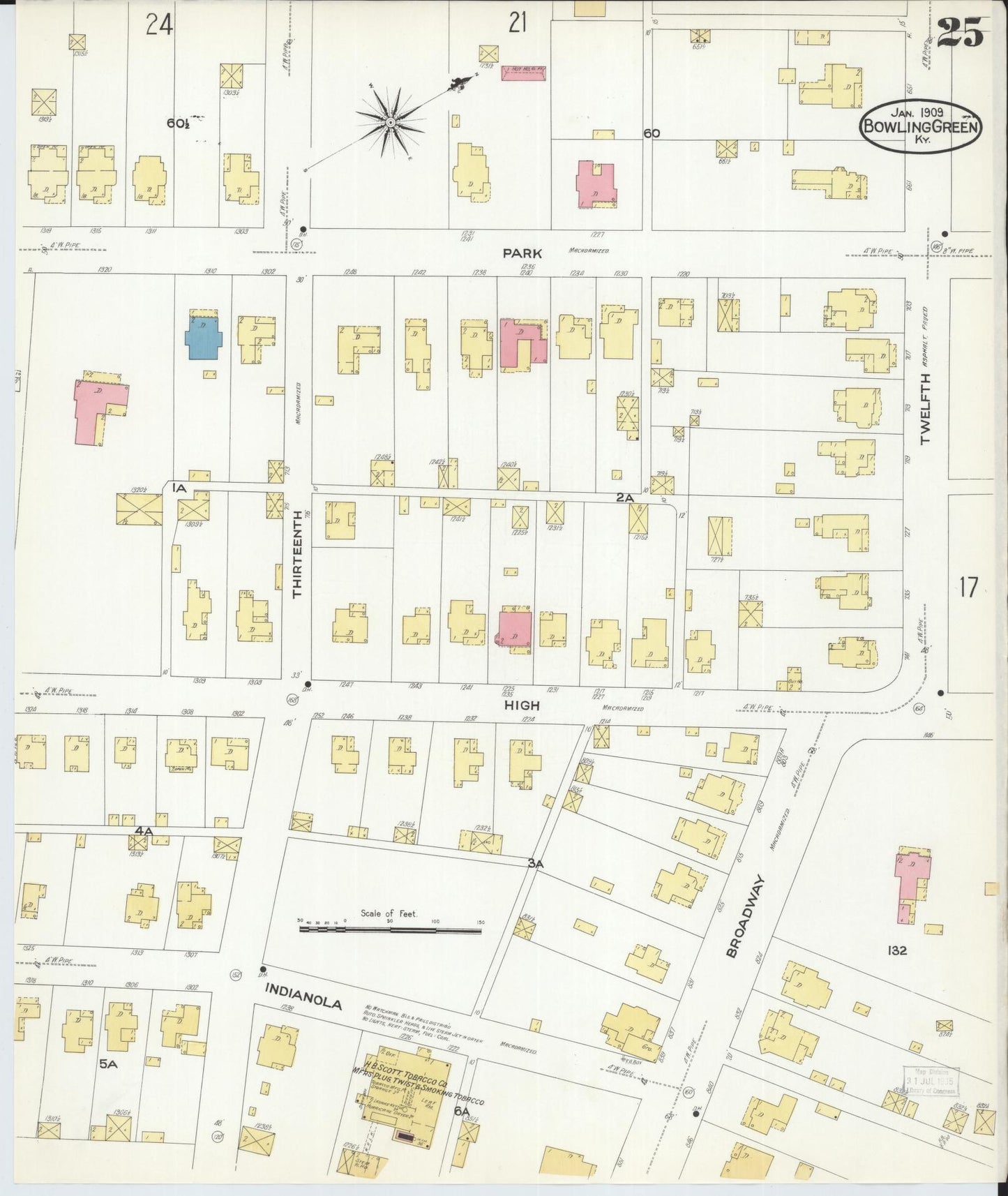 Sanborn Fire Insurance Map from Bowling Green, Warren County, Kentucky (1909), Sheet #0025 - Historic Sanborn Fire Insurance Map Print, vintage old map wall art, antique decor, genealogy gift, Kentucky Kentucky map