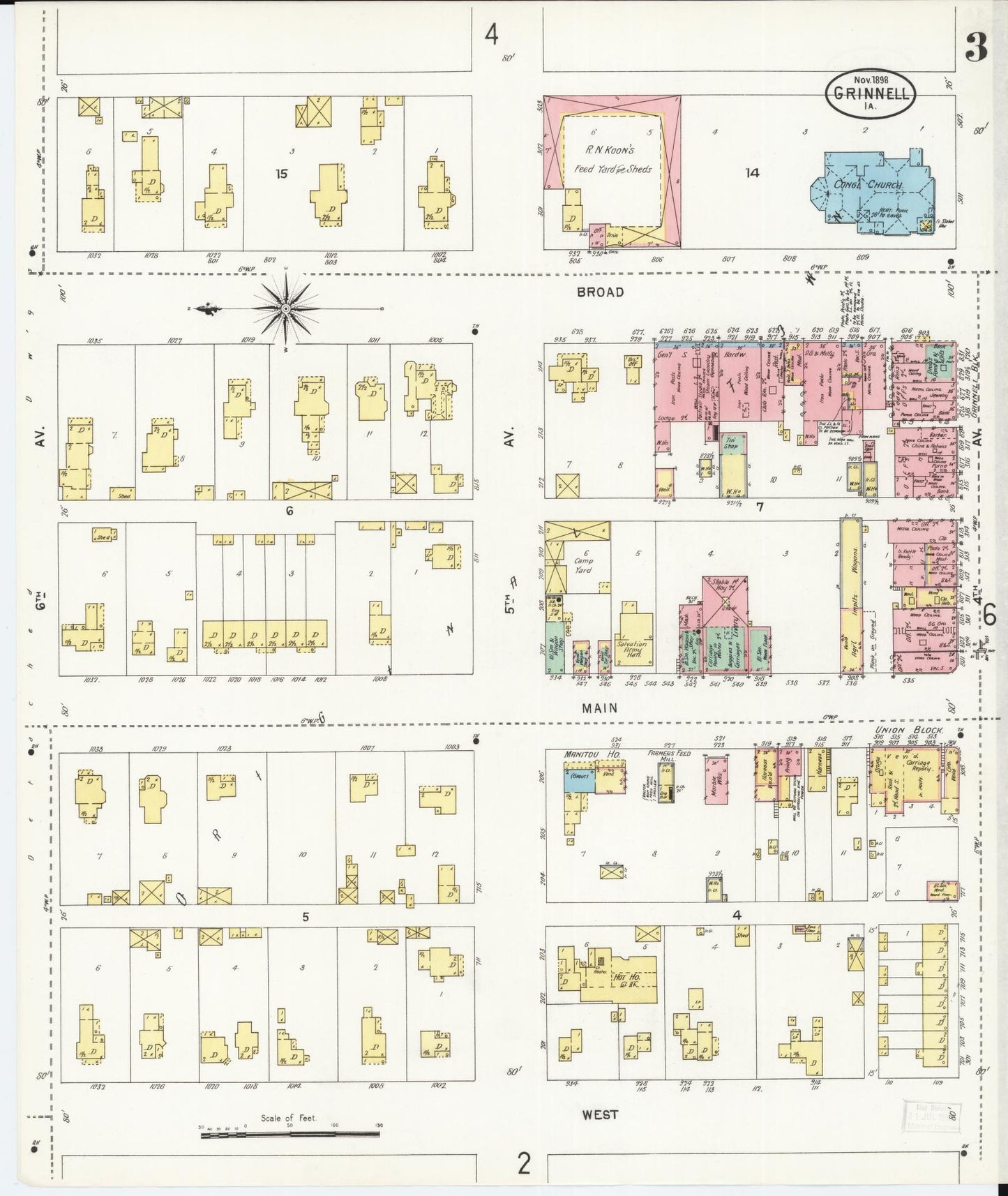 Sanborn Fire Insurance Map from Grinnell, Poweshiek County, Iowa (1898), Sheet #0003 - Historic Sanborn Fire Insurance Map Print, vintage old map wall art