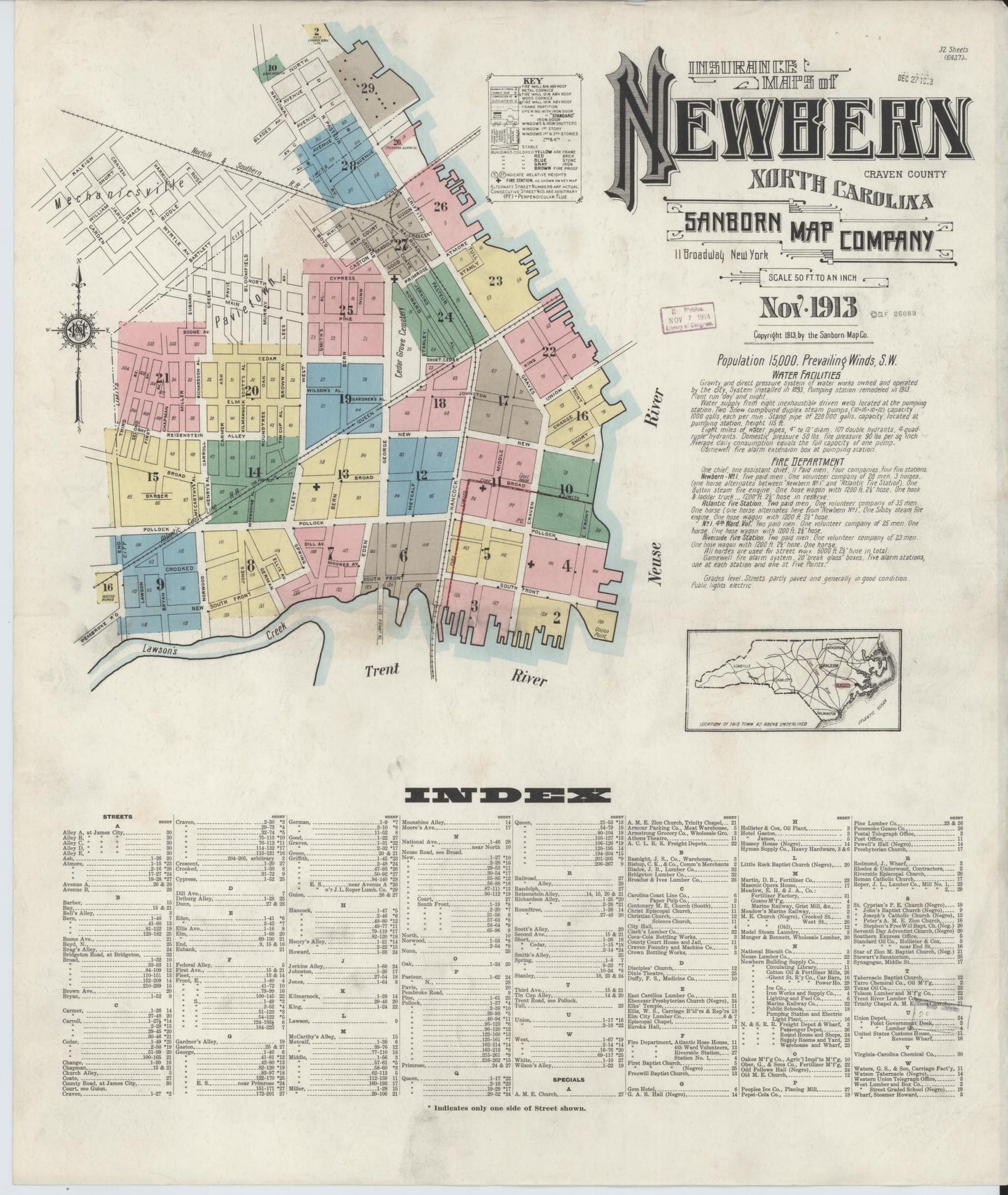 Sanborn Fire Insurance Map from New Bern, Craven County, North Carolina (1913), Sheet #0001 - Historic Sanborn Fire Insurance Map Print, vintage old map wall art, antique decor, genealogy gift, North Carolina North Carolina map