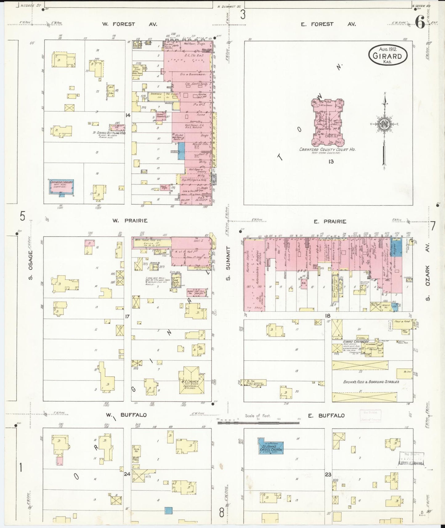 Sanborn Fire Insurance Map from Girard, Crawford County, Kansas (1912), Sheet #0006 - Historic Sanborn Fire Insurance Map Print, vintage old map wall art, antique decor, genealogy gift, Kansas Kansas map