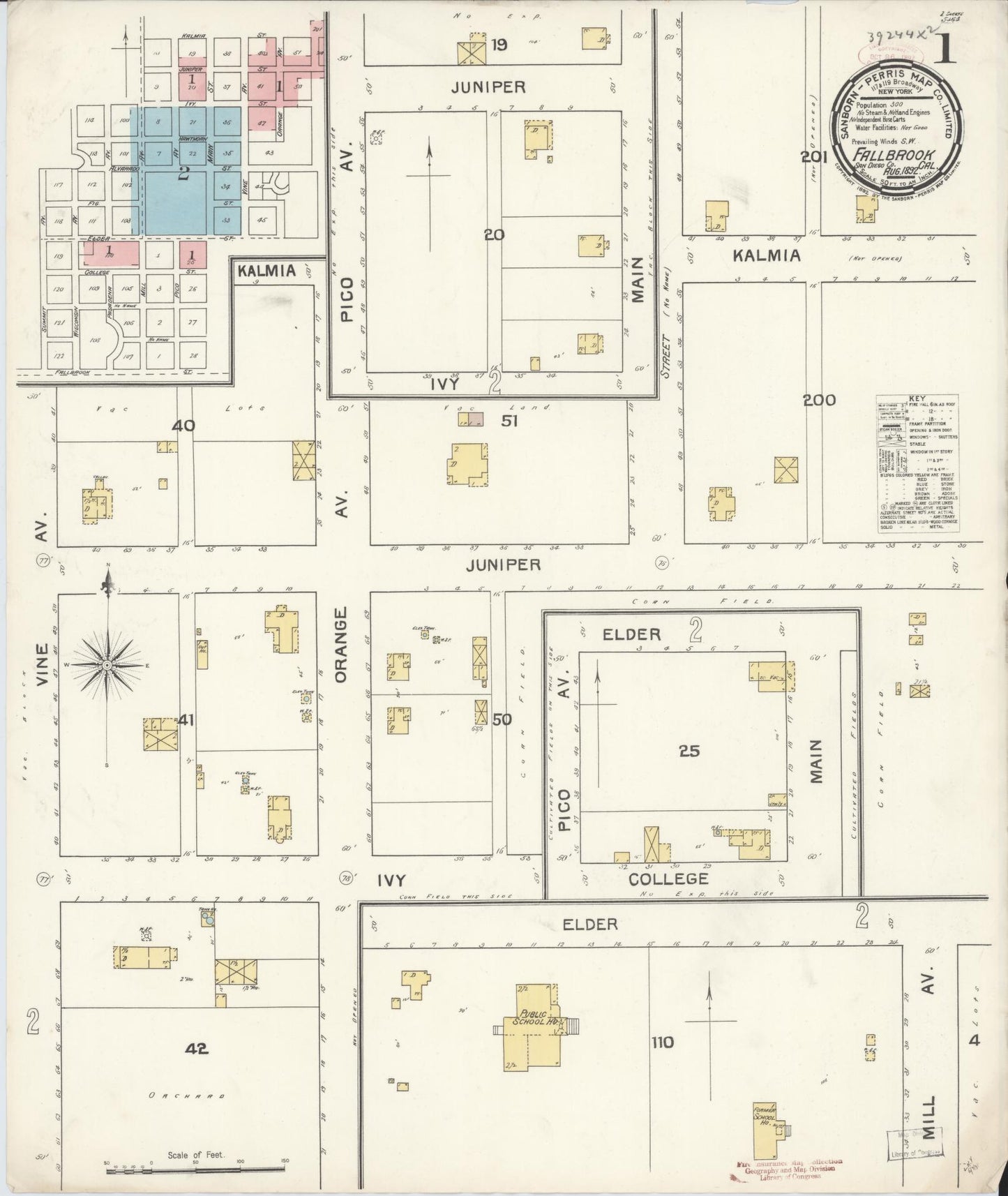 Sanborn Fire Insurance Map from Fallbrook, San Diego County, California (1892), Sheet #0001 - Historic Sanborn Fire Insurance Map Print, vintage old map wall art, antique decor, genealogy gift, California California map