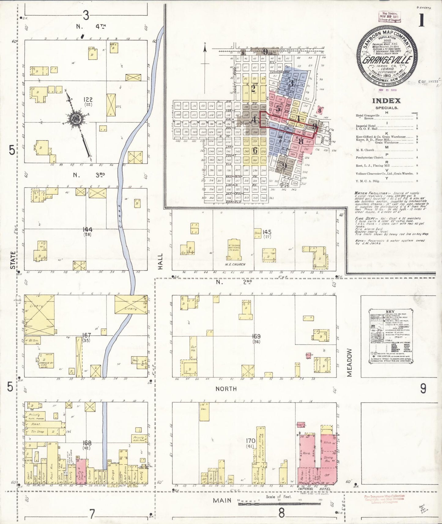 Sanborn Fire Insurance Map from Grangeville, Idaho County, Idaho (1910), Sheet #0001 - Historic Sanborn Fire Insurance Map Print, vintage old map wall art, antique decor, genealogy gift, Grangeville Idaho map