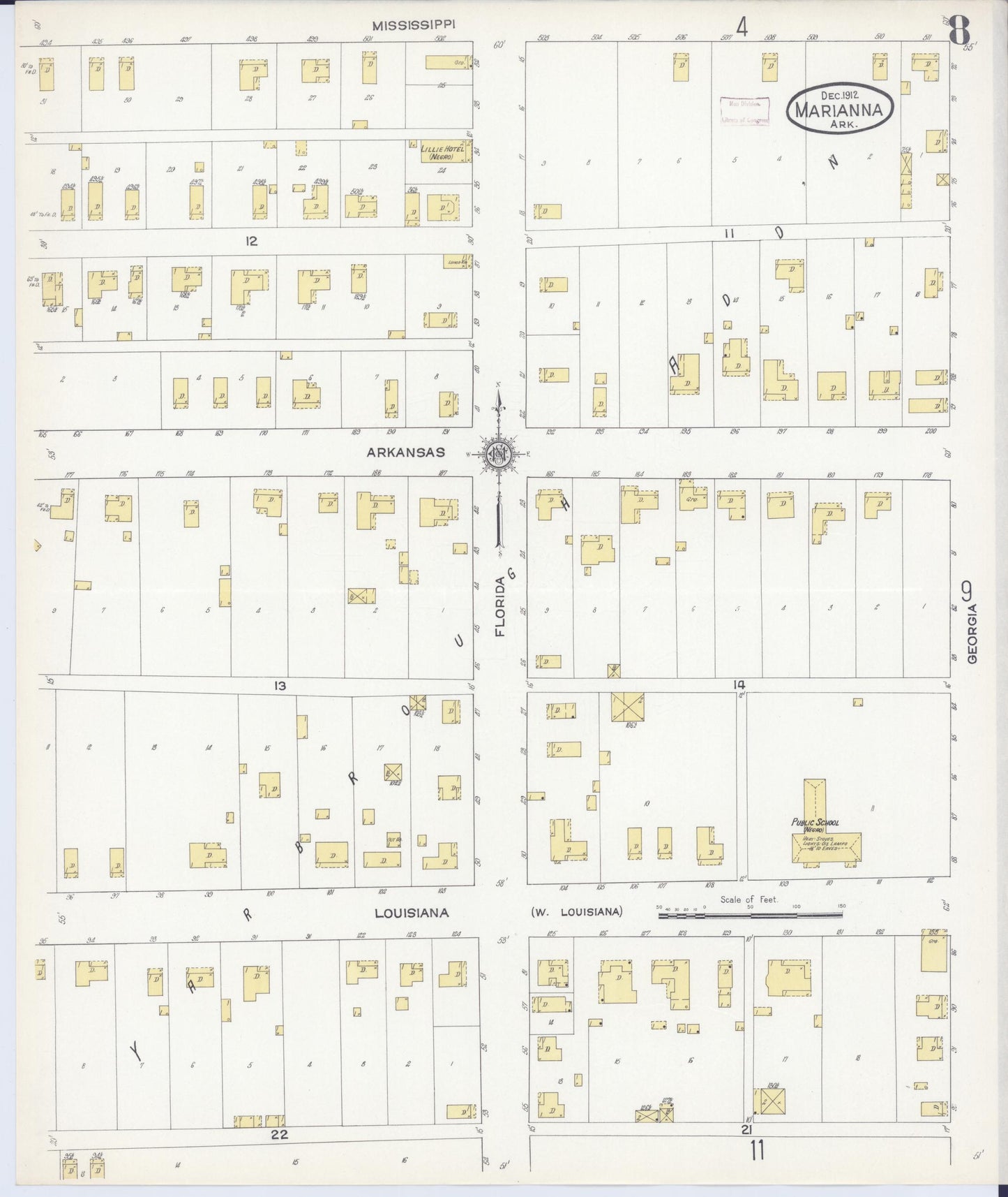 Sanborn Fire Insurance Map from Marianna, Lee County, Arkansas (1912), Sheet #0008 - Historic Sanborn Fire Insurance Map Print, vintage old map wall art, antique decor, genealogy gift, Arkansas Arkansas map