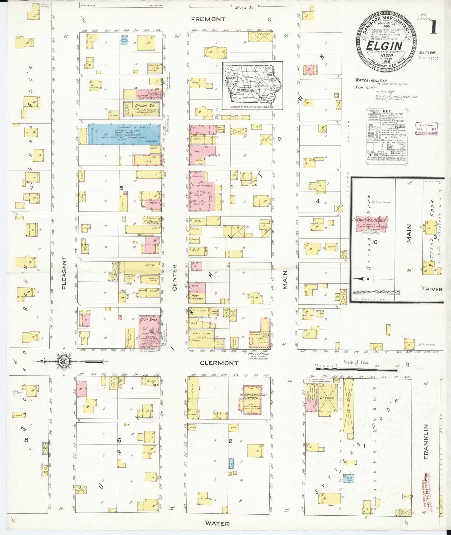 Sanborn Fire Insurance Map from Elgin, Fayette County, Iowa (1915), Sheet #0001 - Historic Sanborn Fire Insurance Map Print, vintage old map wall art