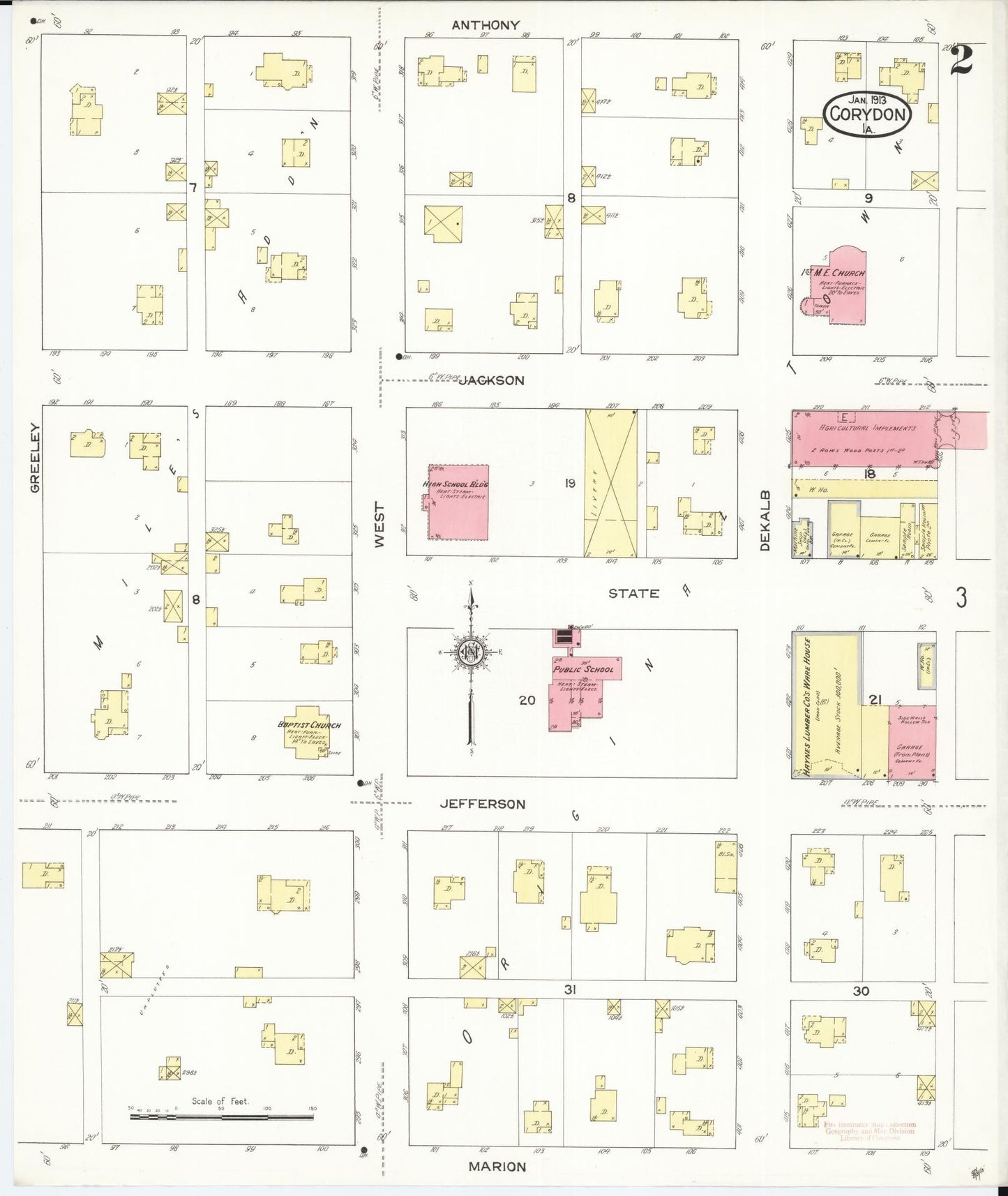 Sanborn Fire Insurance Map from Corydon, Wayne County, Iowa (1913), Sheet #0002 - Historic Sanborn Fire Insurance Map Print, vintage old map wall art