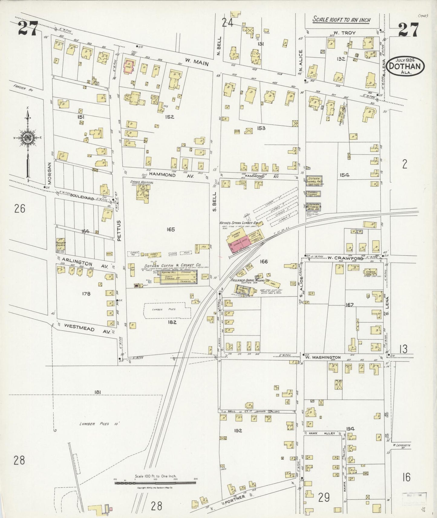 Sanborn Fire Insurance Map from Dothan, Houston County, Alabama (1924), Sheet #0027 - Historic Sanborn Fire Insurance Map Print, vintage old map wall art, antique decor, genealogy gift, Alabama Alabama map
