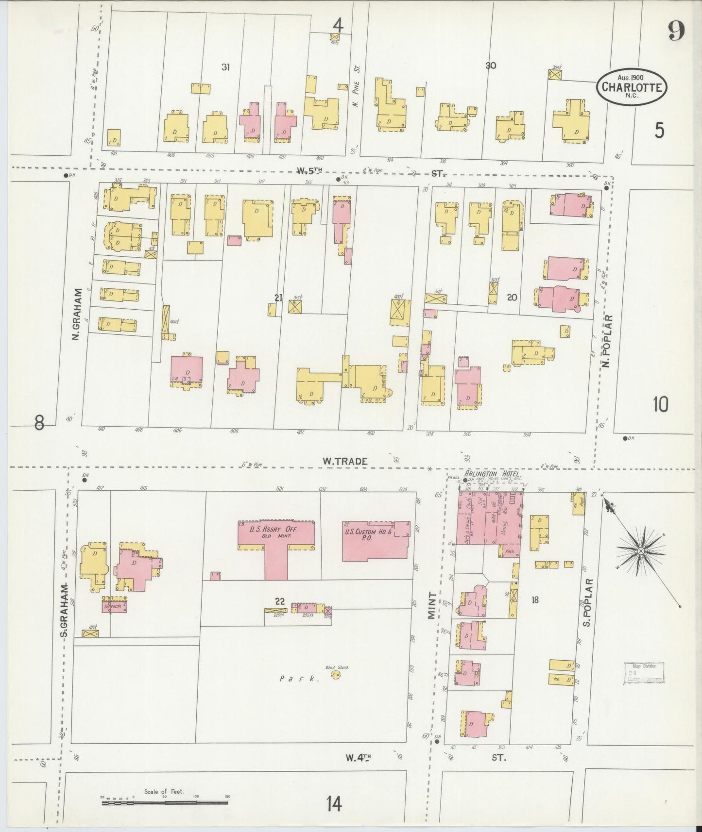 Sanborn Fire Insurance Map from Charlotte, Mecklenburg County, North Carolina (1900), Sheet #0009 - Historic Sanborn Fire Insurance Map Print, vintage old map wall art, antique decor, genealogy gift, North Carolina North Carolina map
