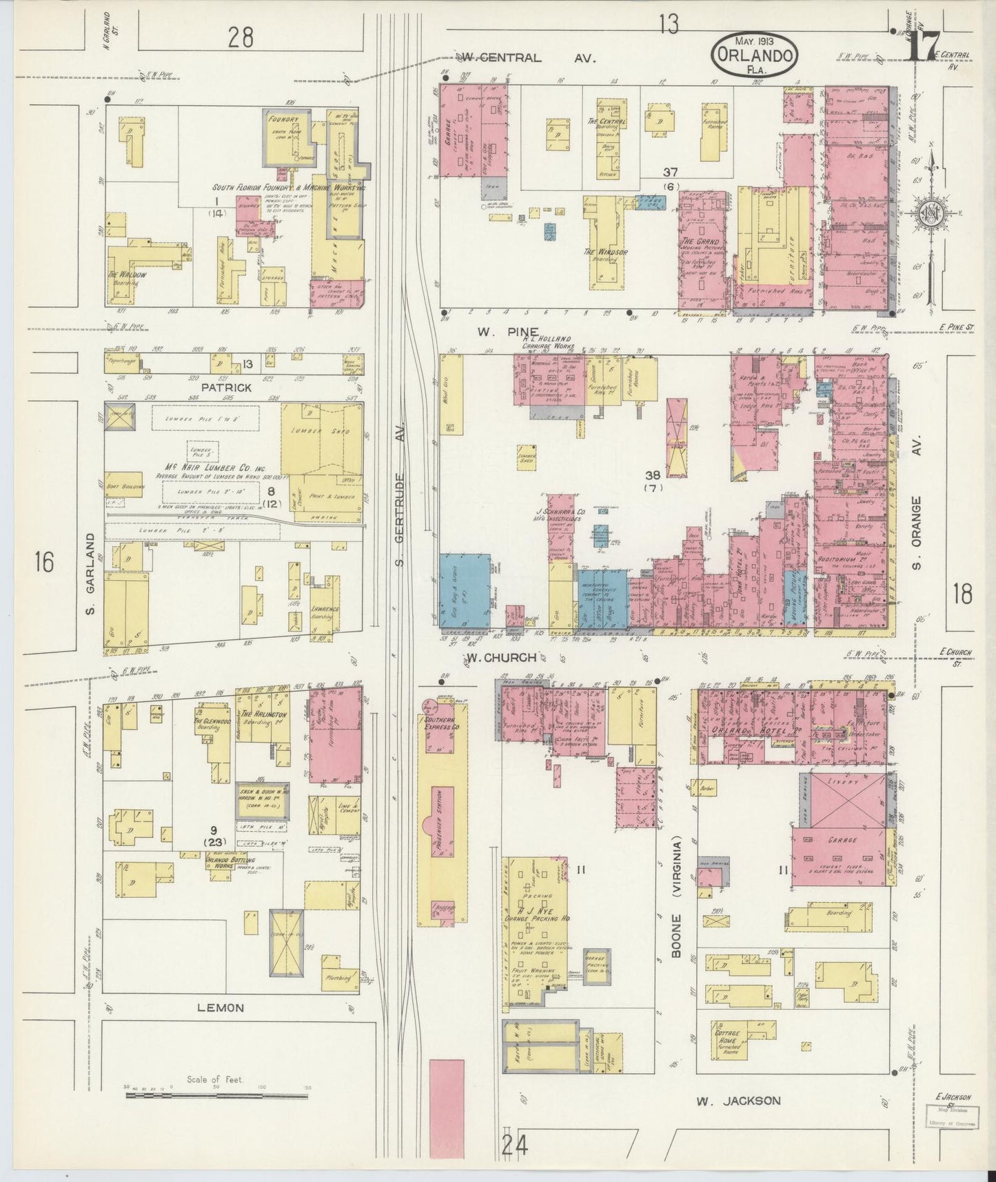 Sanborn Fire Insurance Map from Orlando, Orange County, Florida (1913), Sheet #0017 - Historic Sanborn Fire Insurance Map Print, vintage old map wall art, antique decor, genealogy gift, Florida Florida map