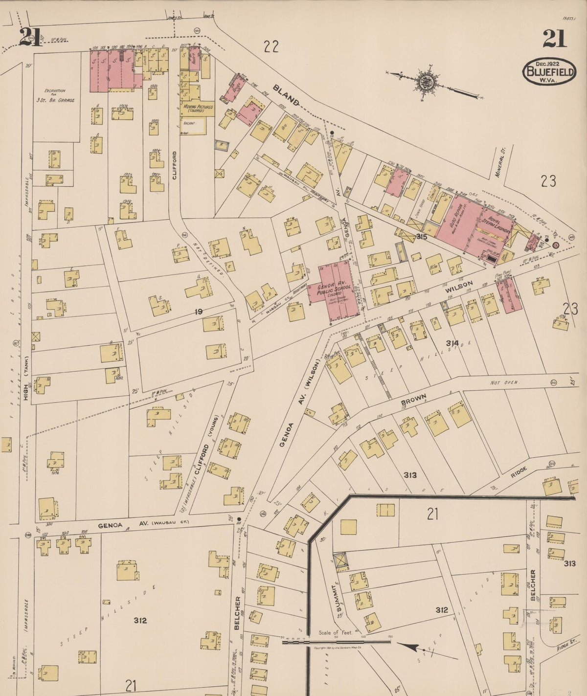 Sanborn Fire Insurance Map from Bluefield, Mercer County, West Virginia (1922), Sheet #0021 - Historic Sanborn Fire Insurance Map Print, vintage old map wall art, antique decor, genealogy gift, West Virginia West Virginia map
